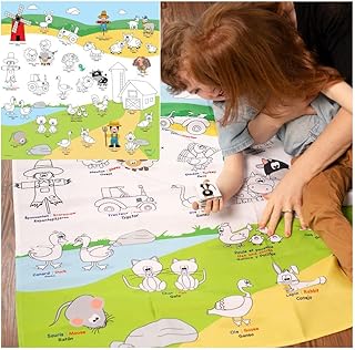 Farm Animals Coloring Tablecloth for Kids - Washable & Reusable Coloring Fabric - Ideal for Birthday Party - Coloring Activity for Children & Adults - Size 45â€x45â€ - Giant Coloring Pages