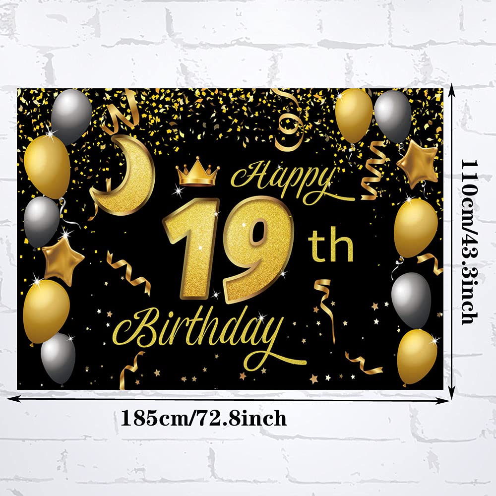 Sweet Happy 19th Birthday Backdrop Banner Poster 19 Birthday Party Decorations 19th Birthday Party Supplies 19th Photo Background for Girls,Boys,Women,Men - Black Gold 72.8 x 43.3 Inch - Image 3