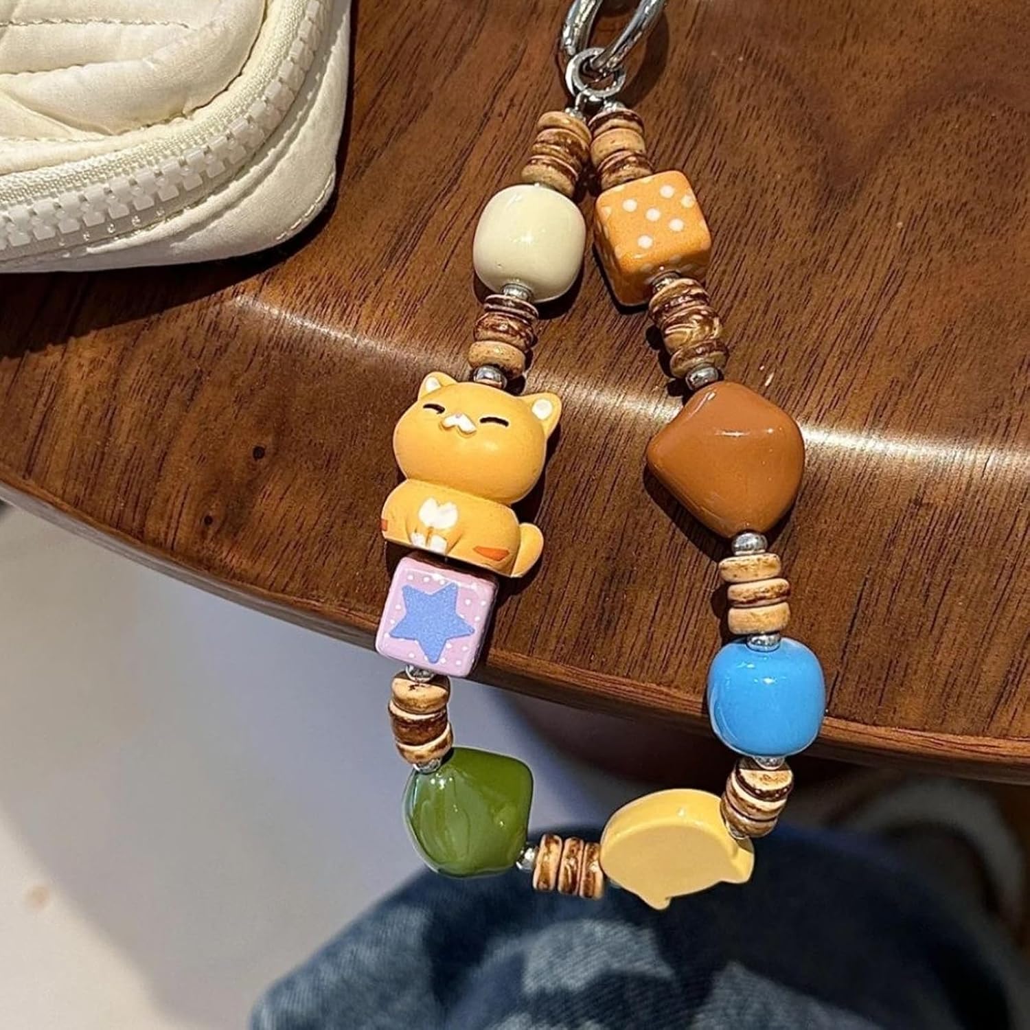 Cute Cat Phone Charm with Colorful Wood and Resin Beads, Kawaii Beaded Wrist Strap, Y2K Style Bag Accessory image 4