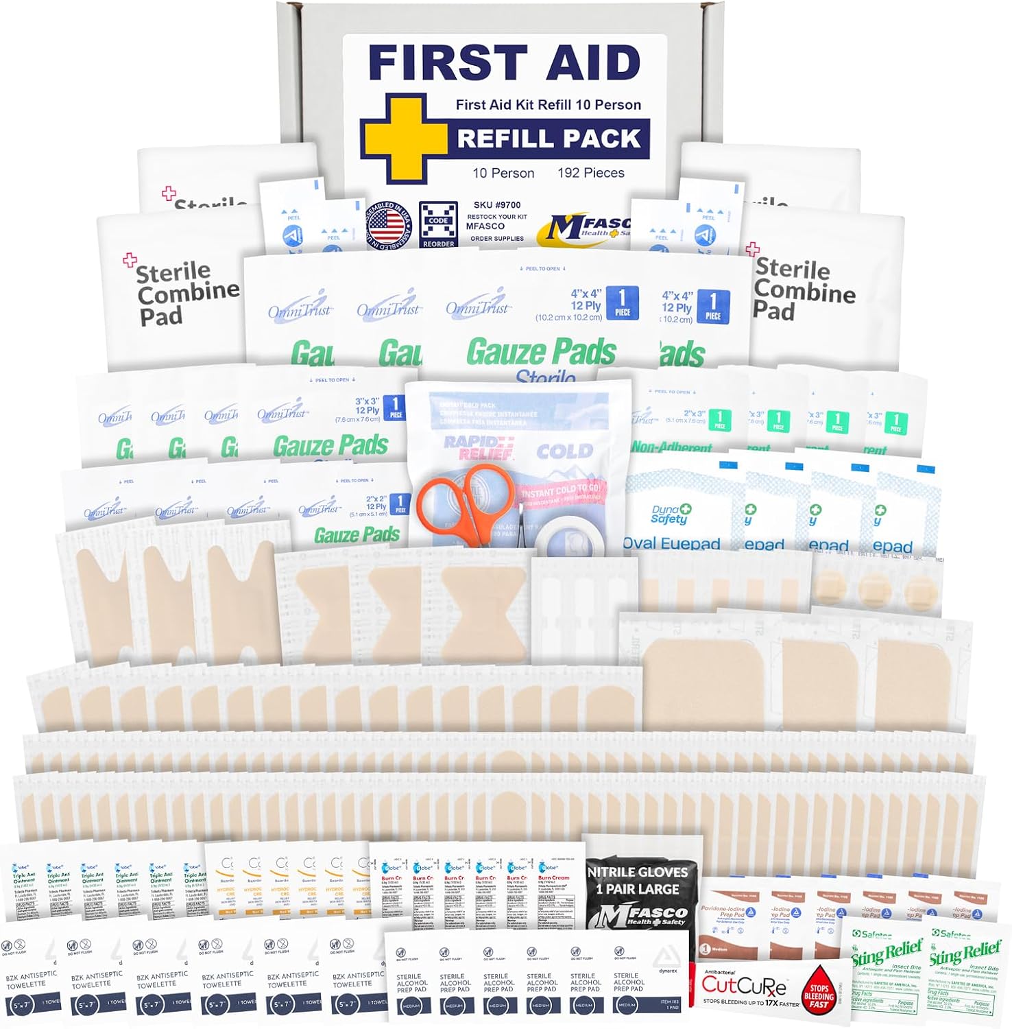 MFASCO First Aid Kit Refill Pack - Complete 180+ Items for Small to Medium Boxes - Bandages, Gauze, Antiseptics - Quality Supplies - Assembled in USA - Compact, 2 Pounds - 10 x 7 x 3 inches