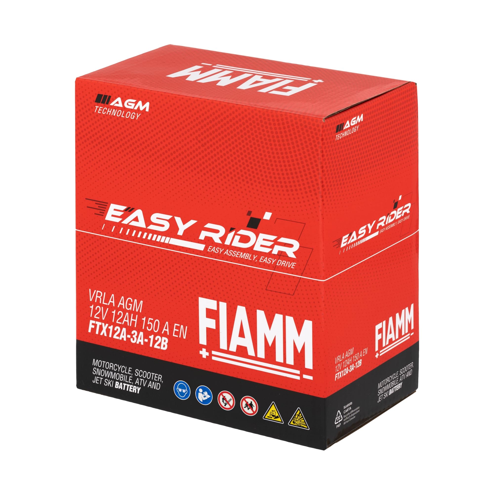 Fiamm Batteria per Moto e Scooter FTX12A-3A-12B 12AH 150A, Batteria Easy Rider AGM Technology, Massima Potenza di Avvio,Senza Manutenzione, Già Carica, Pronta all'Uso, Adatta a Scooter e Moto | AGM Technology, Massima Potenza di Avvio,Senza Manutenzione,
