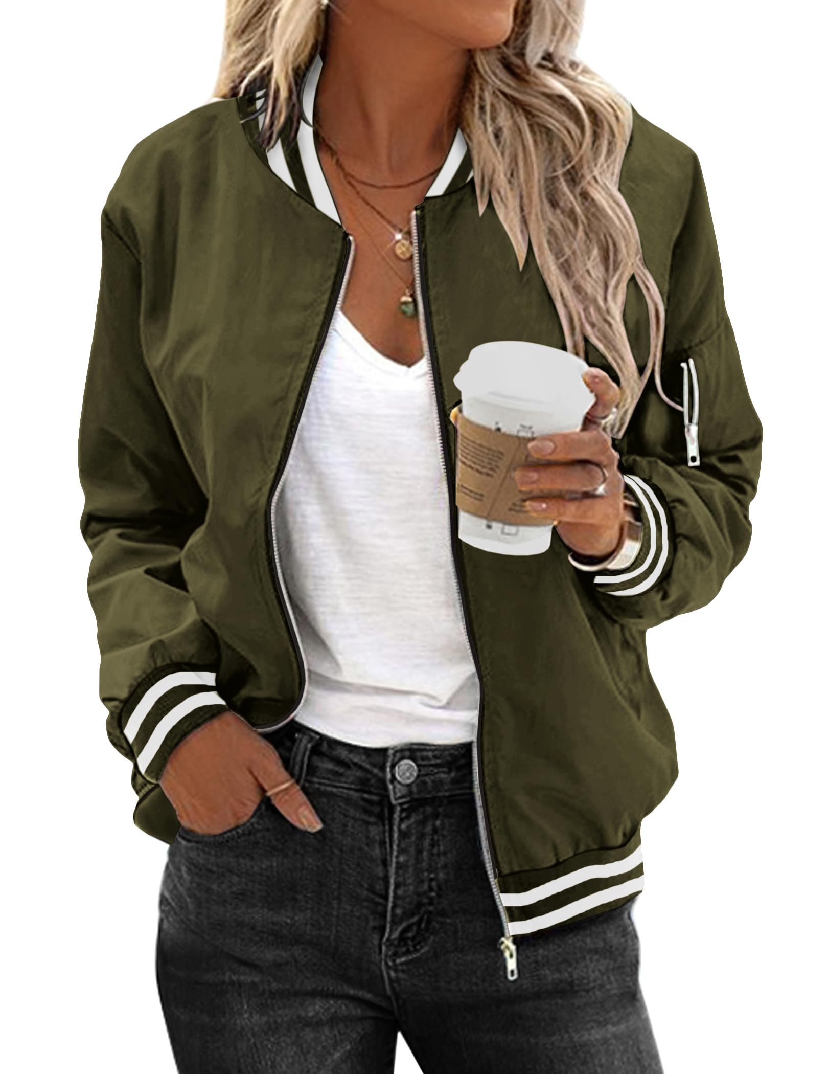 Zeagoo Women's Bomber Jacket Casual Coat Zip Up Outerwear Windbreaker with Pockets S-XXL