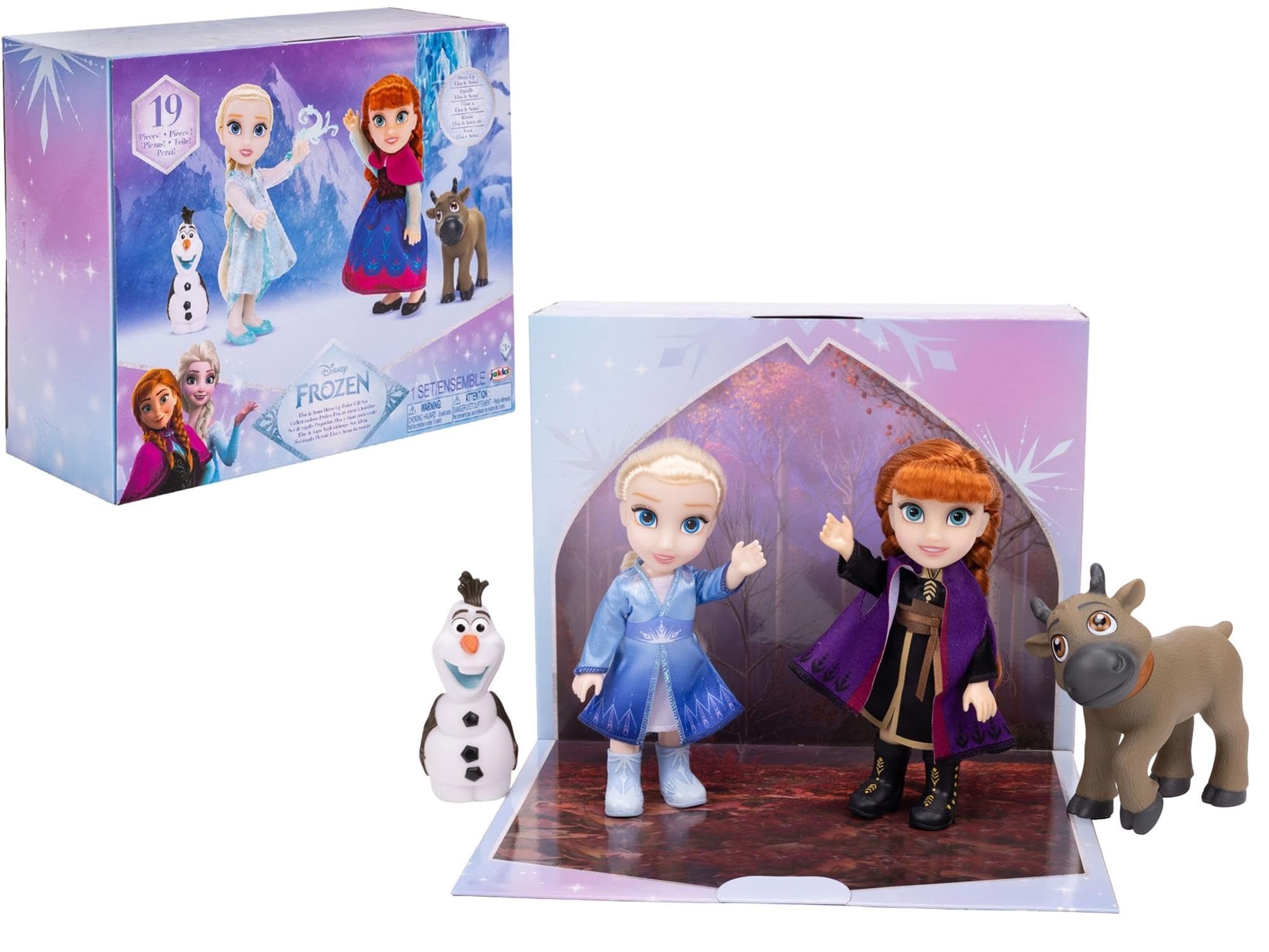 Disney Frozen Elsa & Anna Extra Fashions drobny zestaw upominkowy firmy Jakks Pacific – oficjalnie licencjonowany przez Disney, dla dziewczynek z dodatkowymi strojami