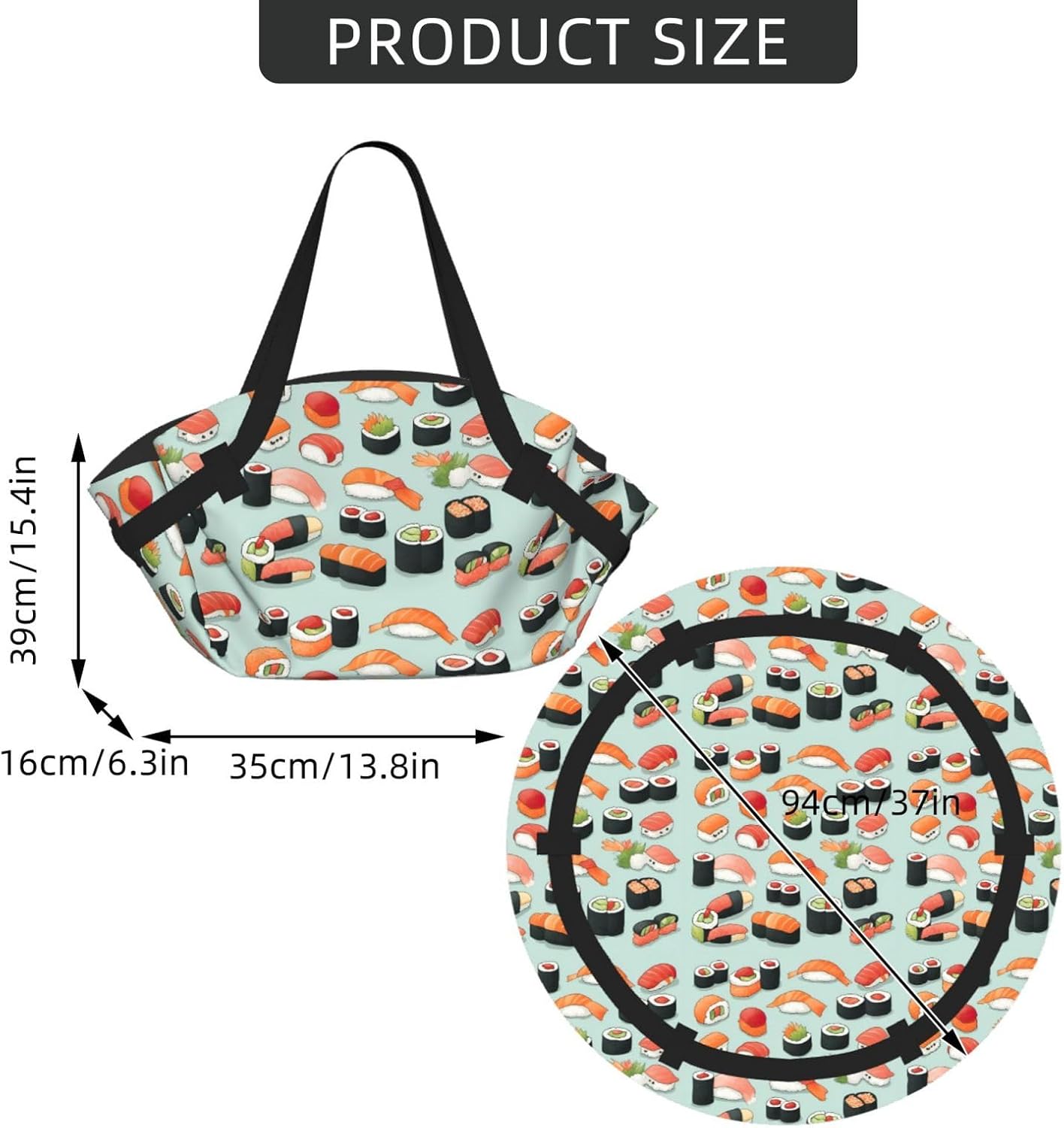 Foldable Delicious Sushi Print 2-in-1 Portable Picnic Blanket Tote Bag Outdoor Camping Beach Park Mat