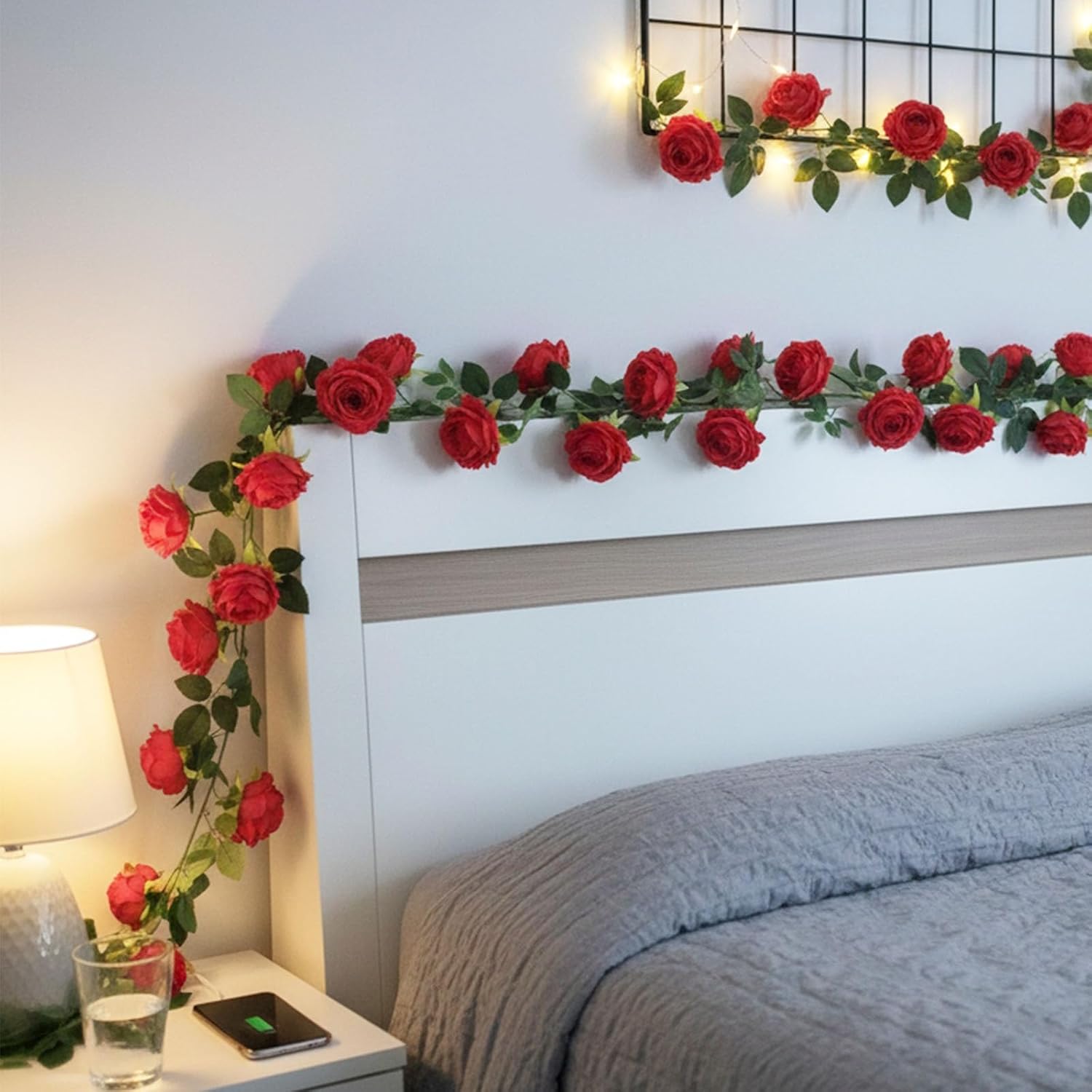 2Pcs(13FT) Artificial Flower Vines Flower Garland, Hanging Faux Plastic Red Roses Vine with 21 Large Silk Flowers(Dia 4 inch), for Indoor Outdoor Home Hotel Office Wedding Party Garden Décor