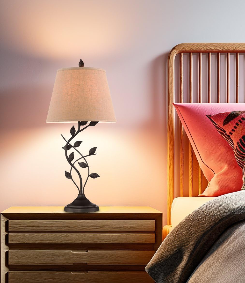 Kira Home Ambrose 31" Traditional Rustic Table Lamp + Beige Fabric Shade, Leaf Detailed Body, 7W LED Bulb (Energy Efficient, Eco-Friendly), Matte Black Finish