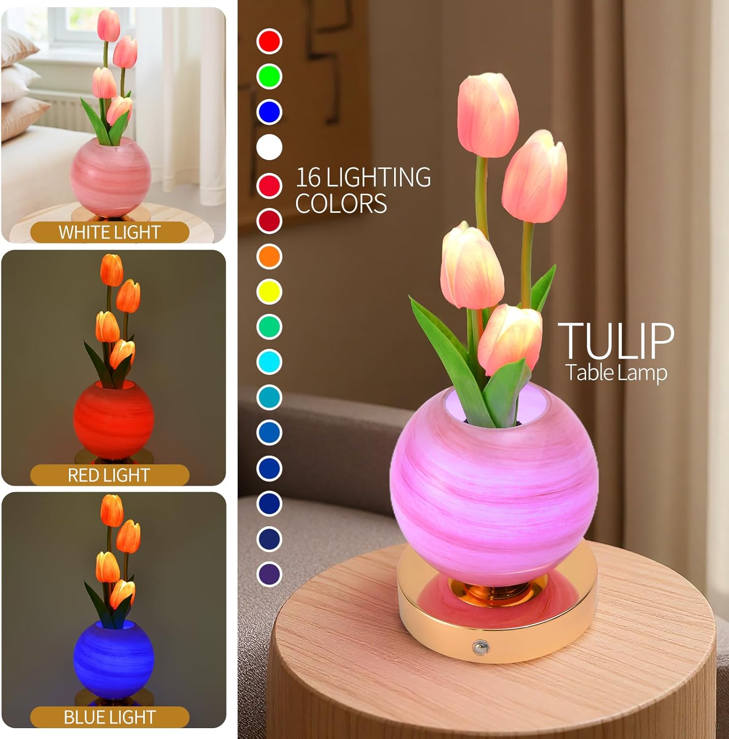 Tulip Table Lamp with Remote Control, Rechargeable Cordless Touch Dimming Artificial Flower Desk Lamp, LED Flower Night Light Romantic Gifts for Girl Women Mom (Blue)