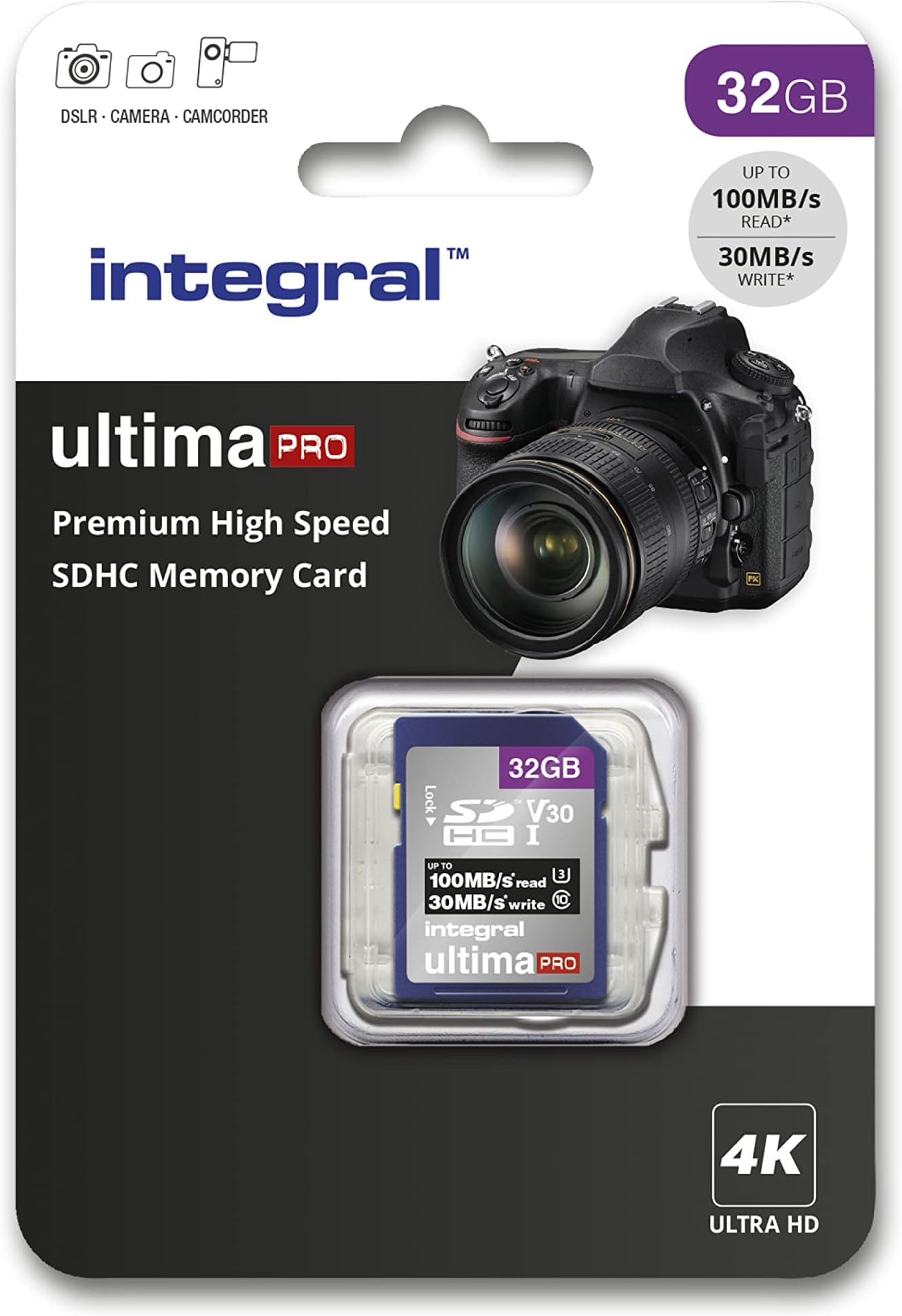 Integral 32GB SD Card 4K Ultra-HD Video Premium High Speed Memory Card SDXC Up to 100MB/s SDXC V30 UHS-I U3 Class 10 SD Memory Card, Black