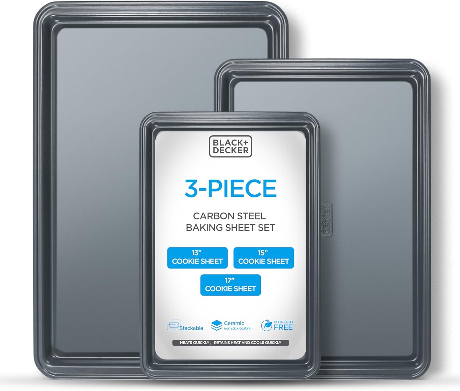 BLACK+DECKER 6-Piece Carbon Steel Bakeware Set, 0.4mm Carbon Steel Baking Pans Set with Ceramic Non-Stick Coating