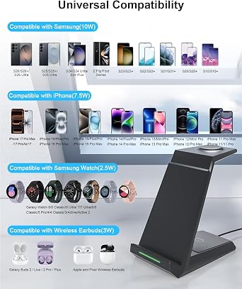 ADADPU 3 in 1 Wireless Charging Station for Samsung Galaxy S26 S25 S24 S23 S22, Charging Stand for Galaxy Watch 8/7/6/5/4/3 (Not for Watch 9/Ultra 2) and Galaxy Buds, 20W Adapter Included