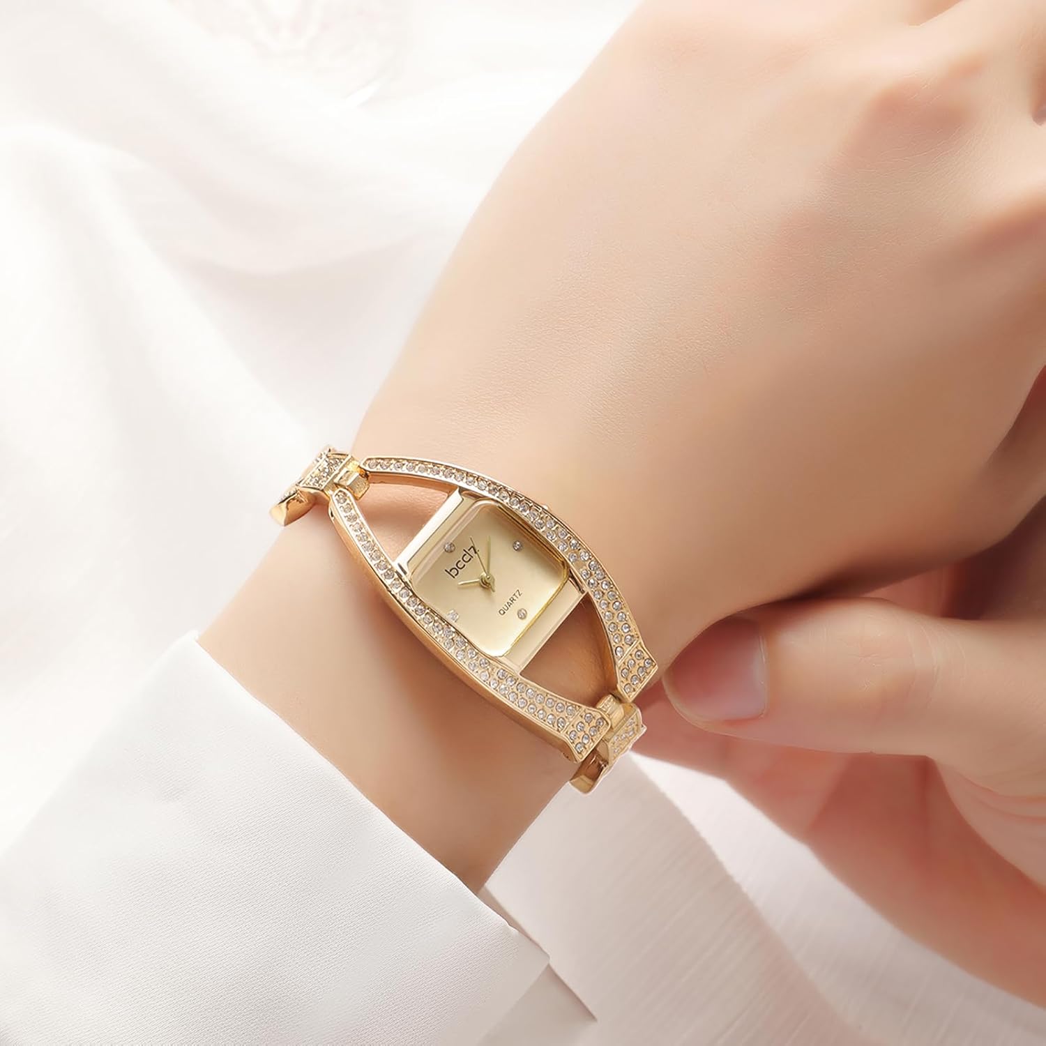 JewelryWe Luxury Square Bracelet Watch: Full Bling Cubic Zirconia Decorated Gold Watches Rectangular Dial Stainless Steel Removable Strap Analog Quartz Wristwatch for Women for Valentine's Day - Image 3