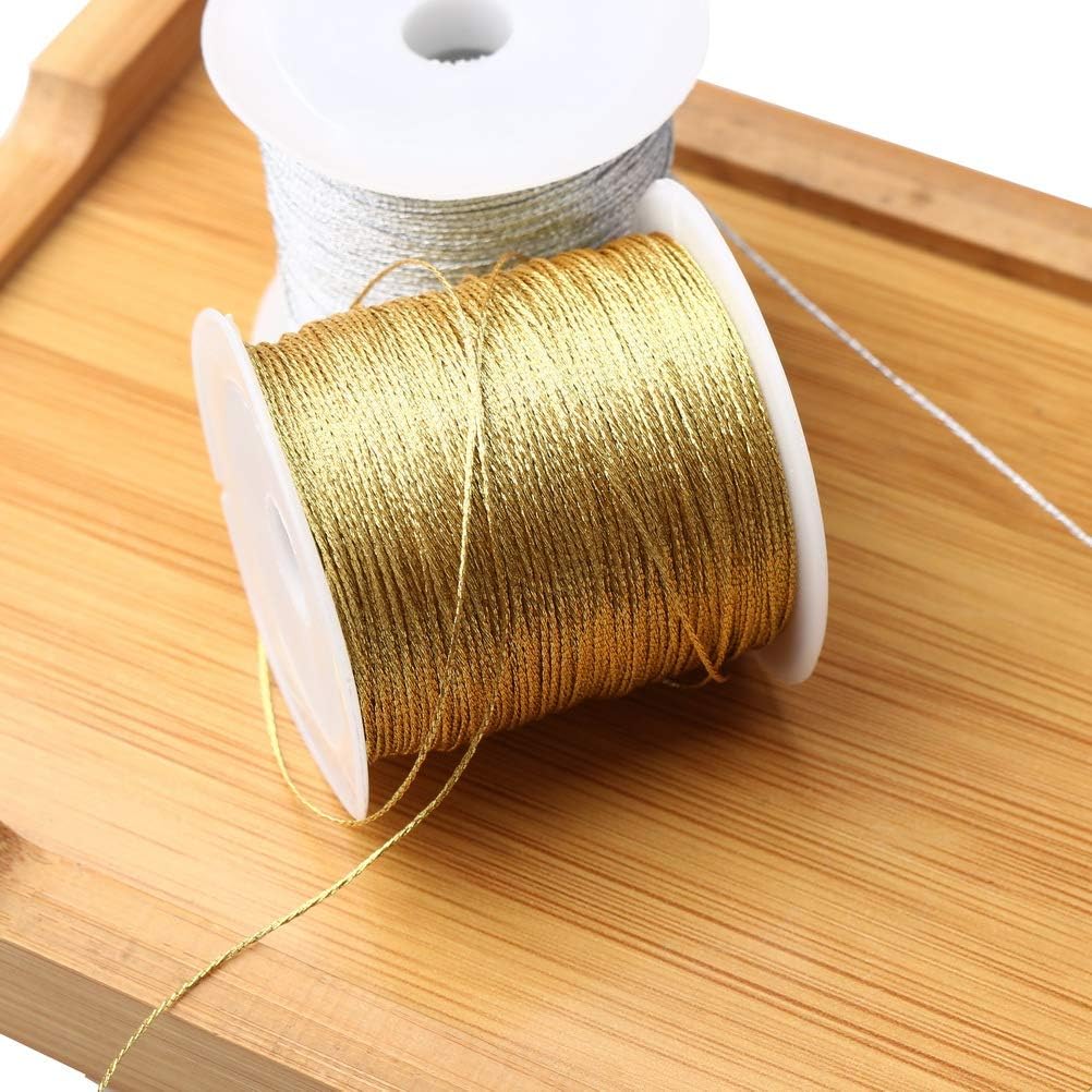 218 Yards/656 Feet Metallic Cord 2 Pcs Spool Metallic Thread Colored Jewelry Thread Colored Craft Gold String Tinsel String Craft Making Cord for Gift Wrapping(0.5mm)