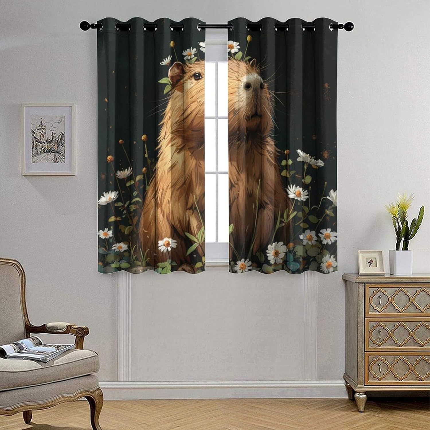 Capybara Daisy Floral Grommet Blackout Curtains for Bedroom, Flower Field Plants Fantasy Thermal Insulated Curtains Room Darkening Window Drapes, 21W x 45L, 2 Panels