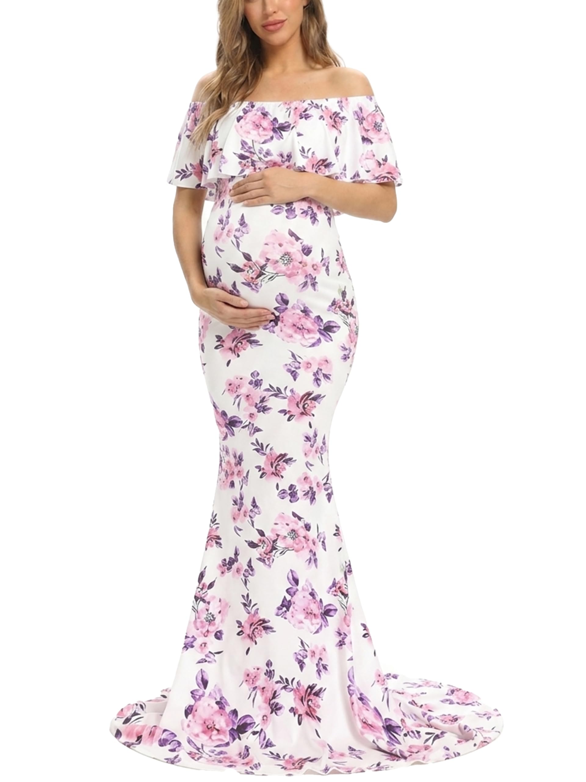Glampunch Womens Off Shoulder Maternity Dress Ruffles Elegant Slim Gowns Fit Maxi Photography Dress, Floral 92, S