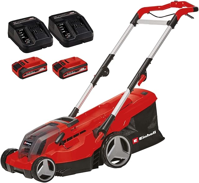 Einhell Power X-Change 36/37 Cordless Lawnmower With Battery (x2) and Charger (x2) - 36V, 37cm Cutting Width, 45L Grass Box, 6 Cutting Heights - GE-CM 36/37 Li Battery Lawn Mower