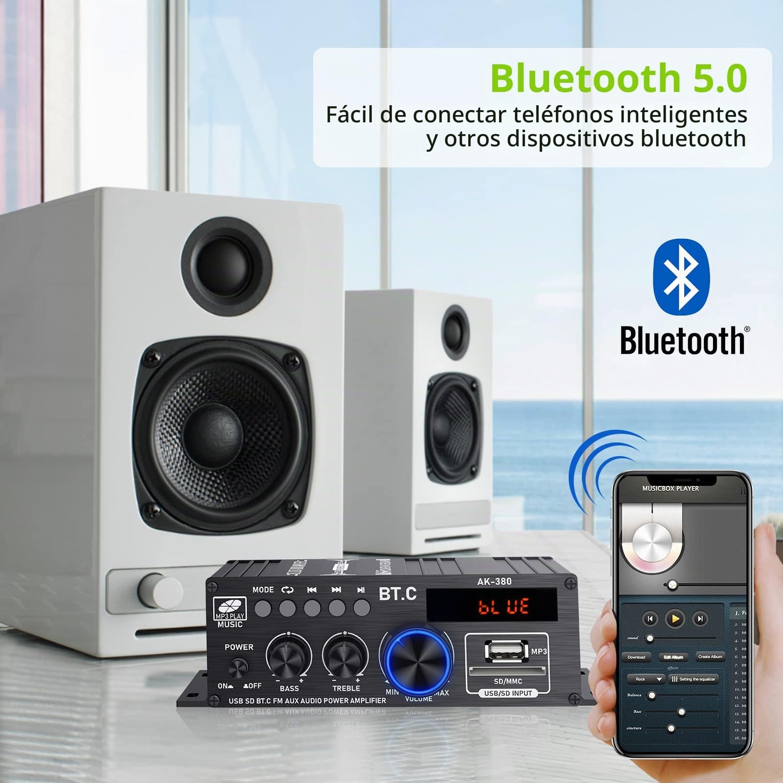 Mini Amplicador Bluetooth Audio 40W+40W con Fuente de Alimentación Mini Amplicador Receptor Digital con Control Remoto Amplicador Potencia 2CH Pantalla LCD Control Graves Agudos para Hogar Automóvil