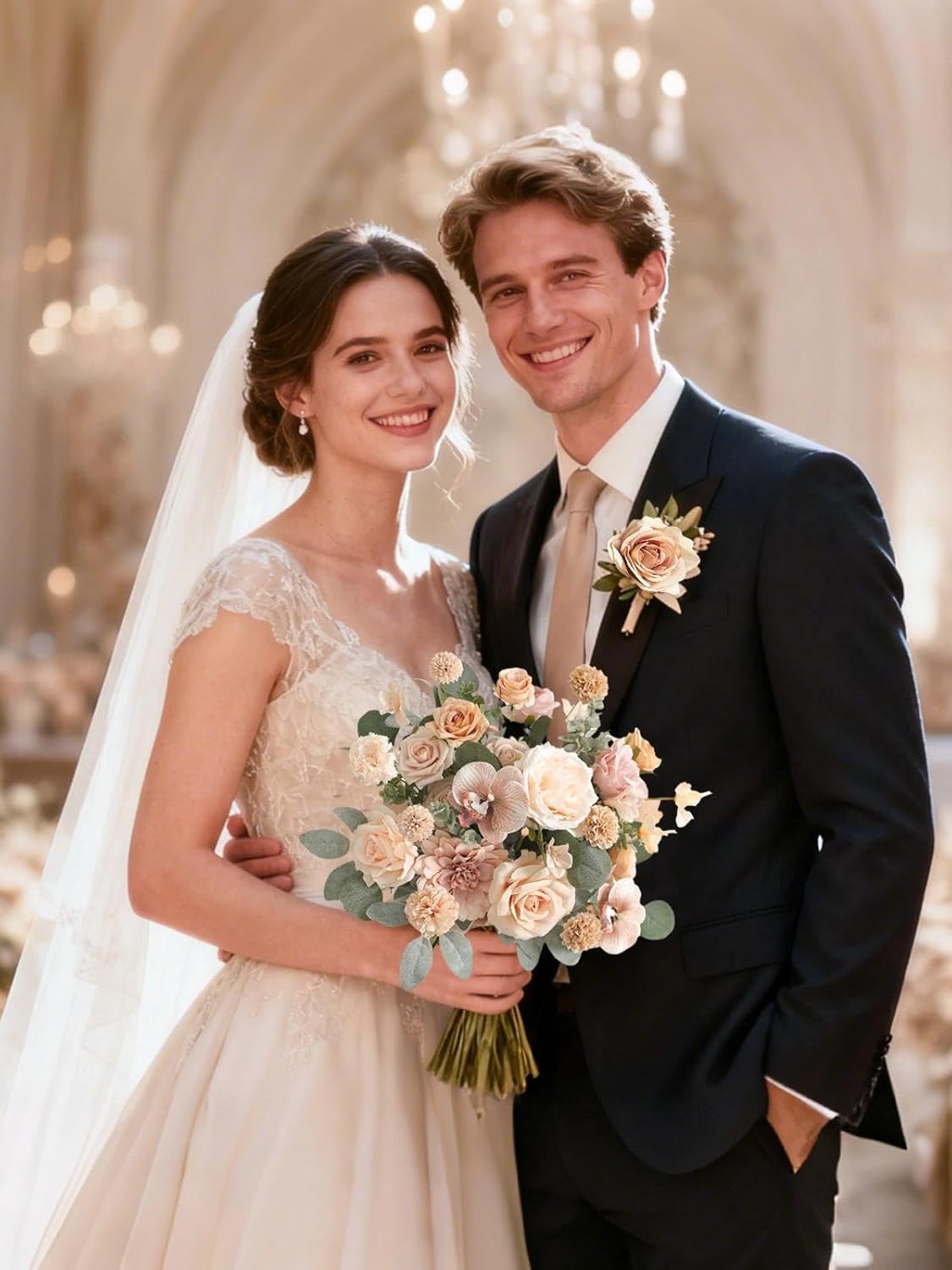 Artificial Flowers Set Champagne Coffee Silk Fake Flowers with Stems for DIY Wedding Bridal Bouquets Cake Arch Floral Arrangement Table Centerpieces Baby Shower Party Home Decorations - Image 3