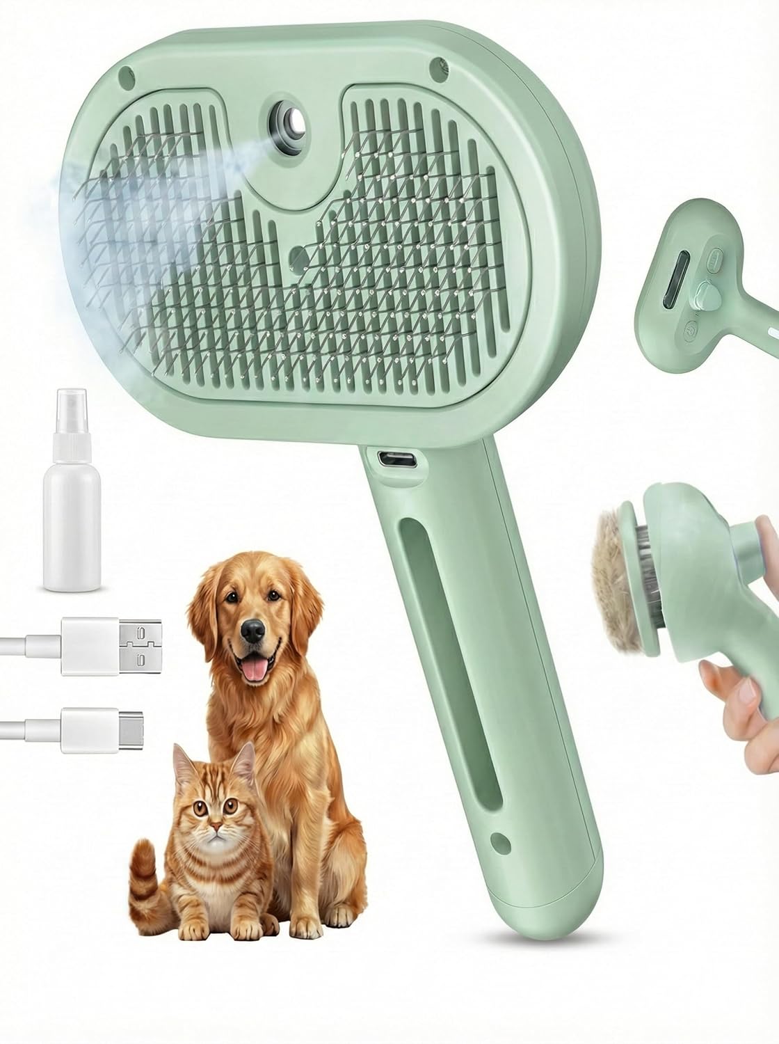 SHAZORY Pet Steam Brush for Dog & Cat - 3-in-1 Steam Grooming Brush for Shedding & Hair Removal - Self Cleaning Spray Comb with Mist for Long Haired Pets - Includes Water Refill Bottle (Green)