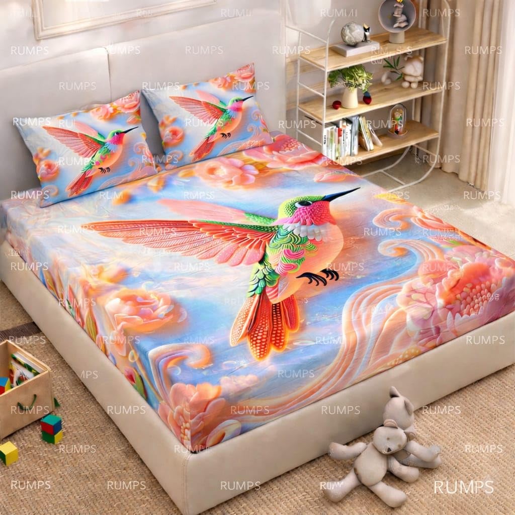 RUMPS 3D Digital Printed Double Bedsheet Flat | Premium Knitted Cotton MicroFabric 90x100 Inch Bed Sheet with 2 Pillow Covers, Cute Cartoon Blue Bird (7D Digital bedheet 06)