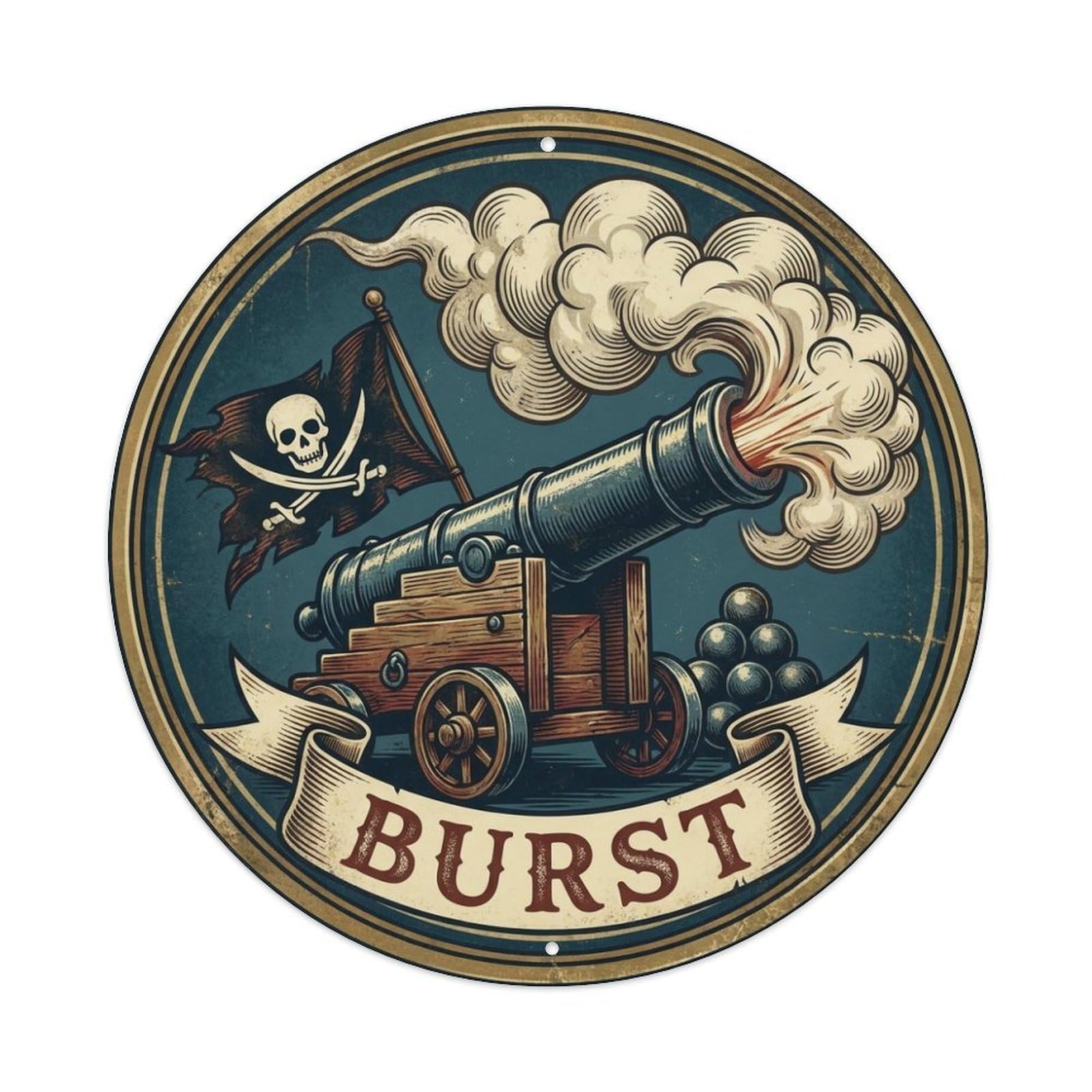 Burst Big Cannon Smoke Jolly Roger Flag Pirate Artillery Metal Tin Sign