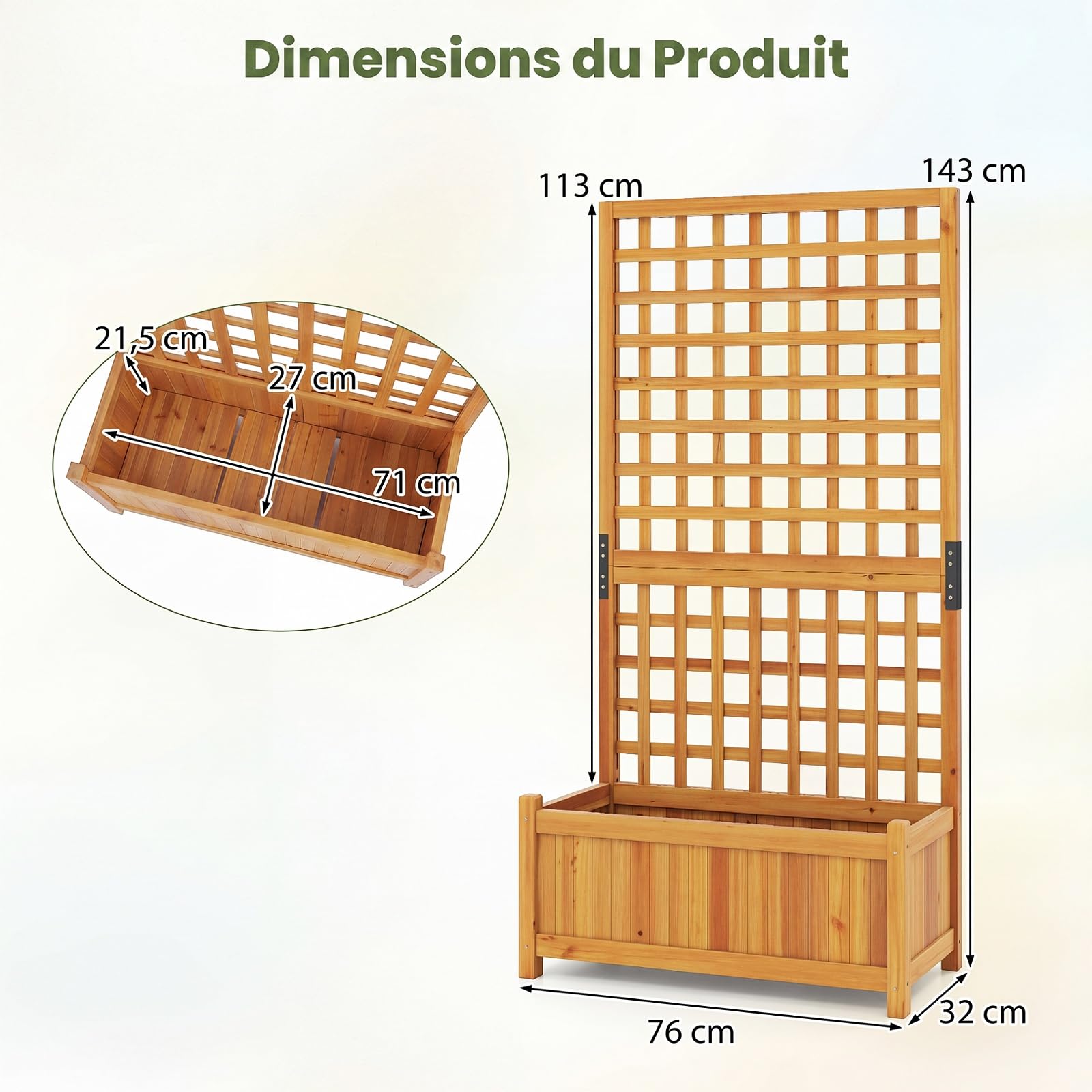COSTWAY Jardinière avec Treillis en Bois, Bac à Fleurs Surélevé avec Trous de Drainage Fond Amovible, Jardinière Brise-Vue pour Plantes Grimpantes Légumes Fruits, 76 x 32 x 143 cm (Orange)