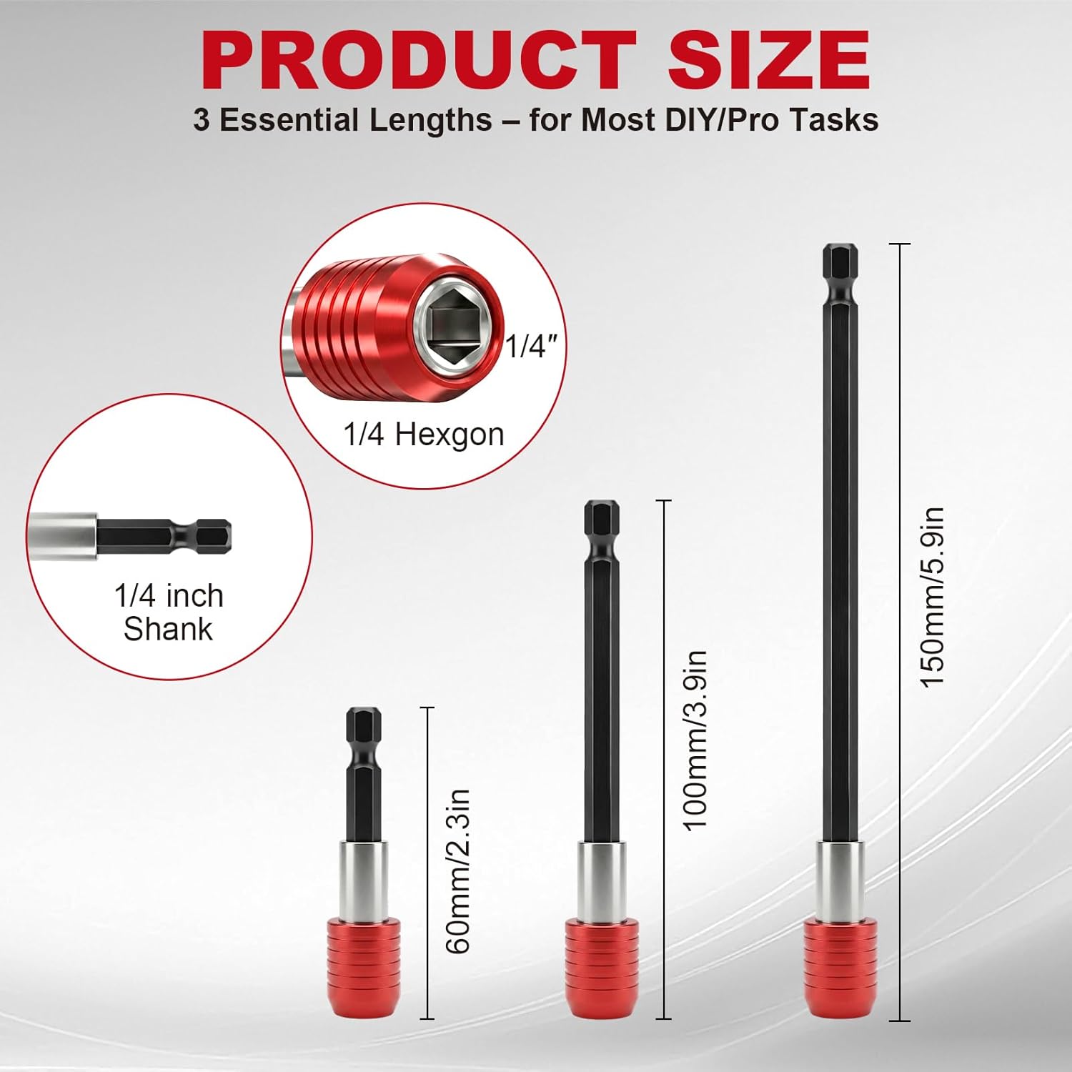 3-Piece Magnetic Drill Bit Extension Set, 1/4 Inch Hex Shank Quick Release Screwdriver Bit Holders, 2/4/6 inch Lengths, Heavy-Duty CR-V Steel for Impact Drivers, Drills & Hex Bits