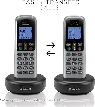 Motorola コードレス電話、3つのハンドセット、DECT 6.0長距離、明るいバックライトディスプレイ、使いやすい大きなボタン、最大100個の番号の通話ブロック、ハンズフリースピーカーフォン、発信者ID、補聴器対応、T603。