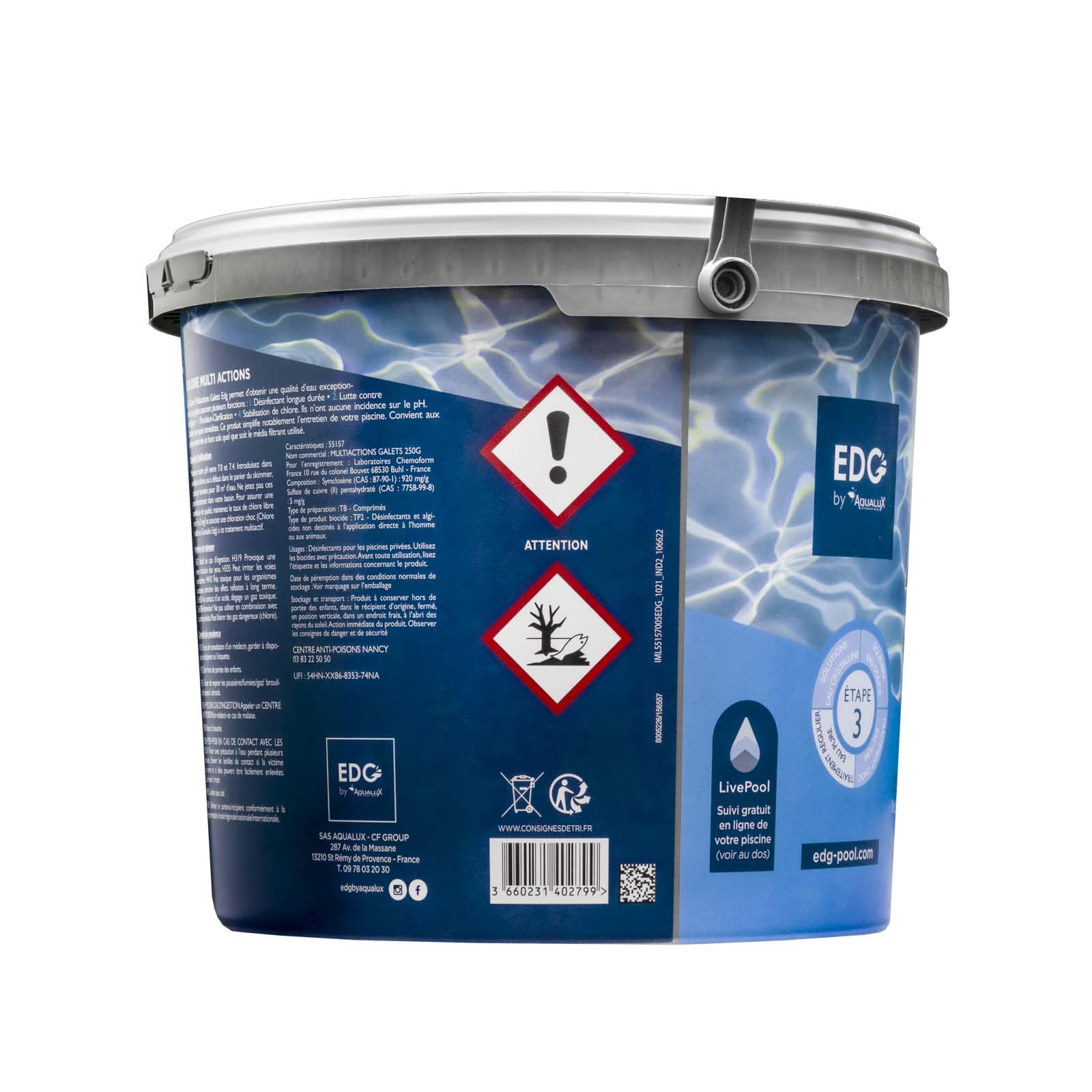 EDG by AQUALUX International - Chlore Multi Actions Piscine - Multi Fonctions Action Longue Durée - Galets 250g - Seau 5 kg