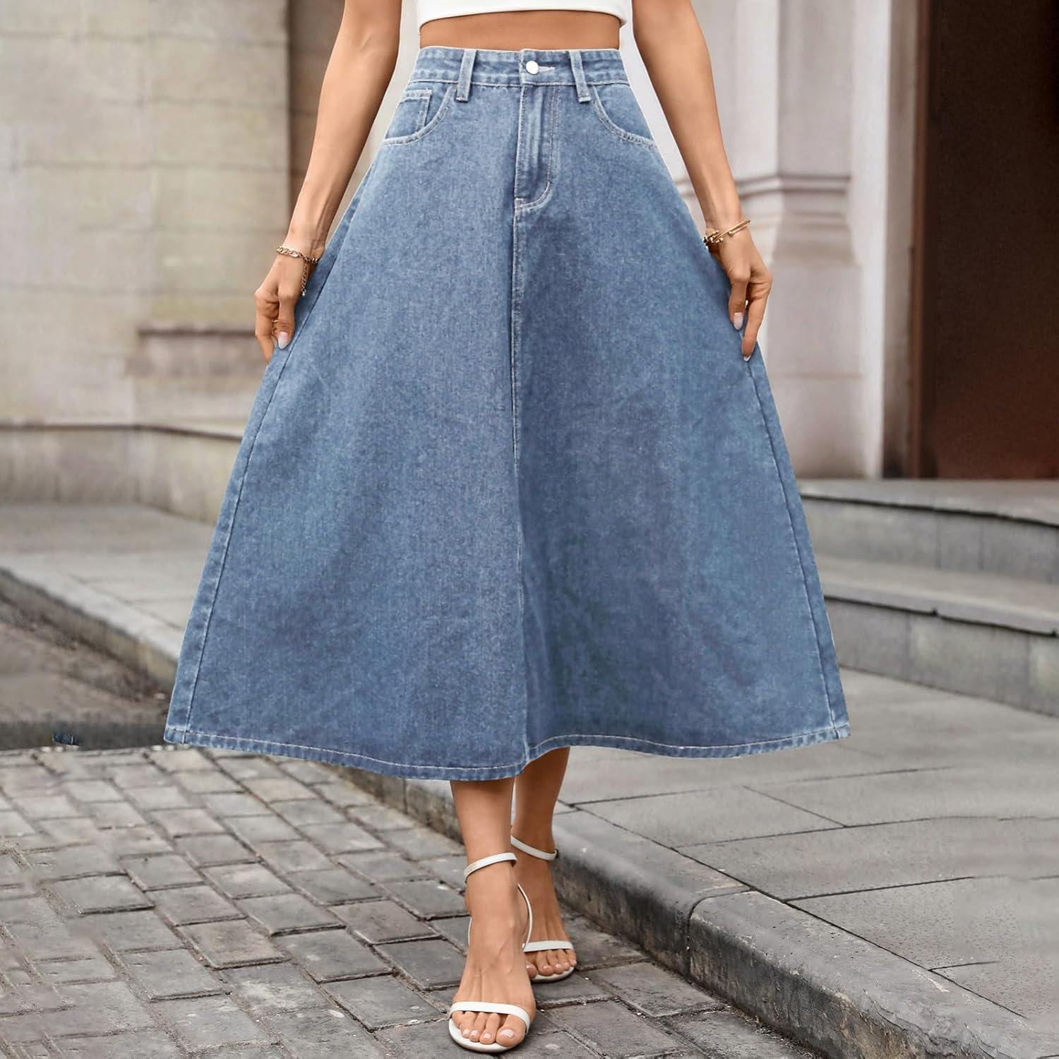 Womens A Line Long Midi Denim Skirt Button High Waist Front Loose Fit Flowy Swing Skirts Trendy Summer Skirts