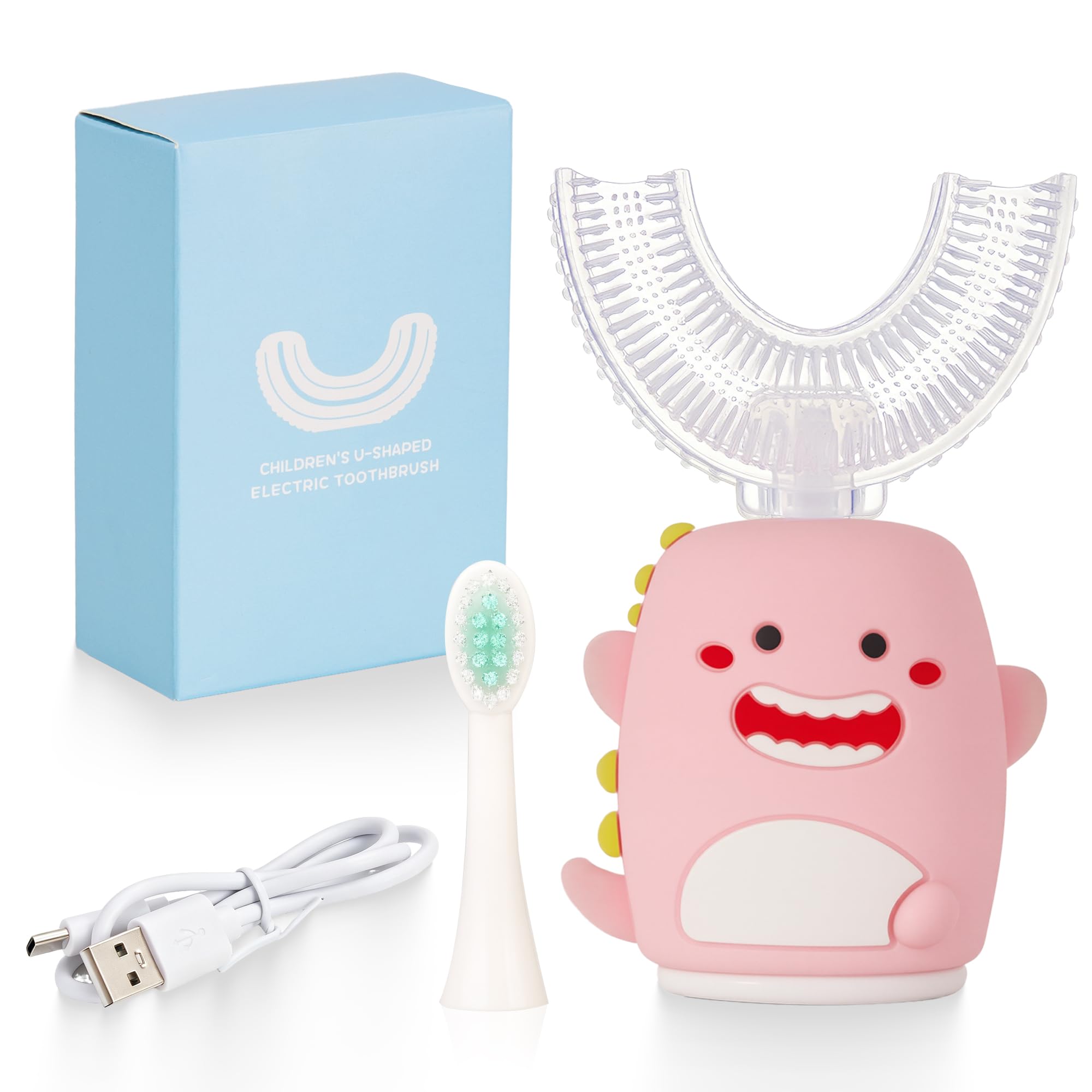 Kids Sonic Electric Toothbrush U Shaped Automatic Timer IPX7 Waterproof 5 Modes 360° Oral Cleaning Teeth Whitening Gums Massage Replaceable Soft Cartoon for 2-7 (Pink Dinosaur)