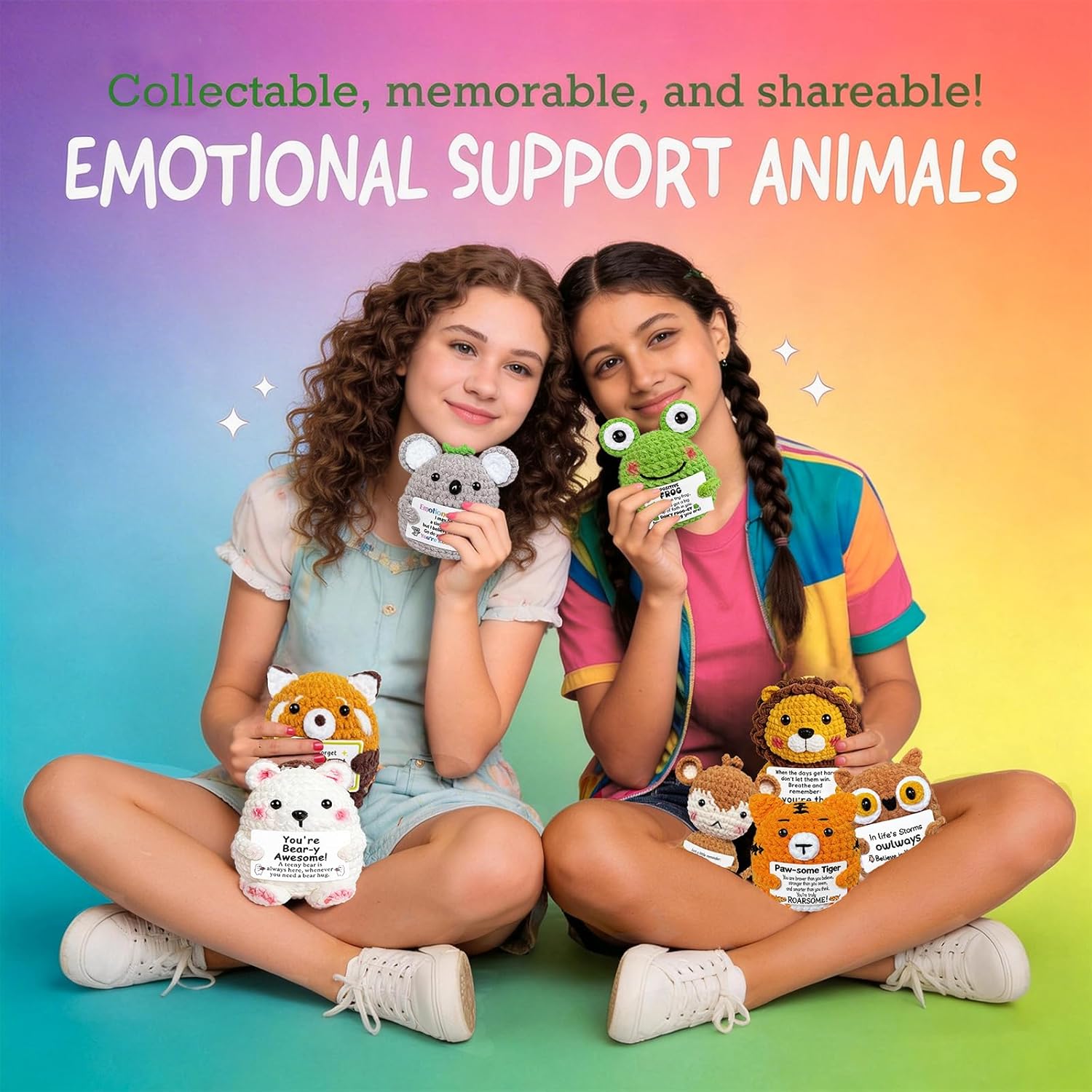 9Pcs Positive Crochet Animals with Messages Emotional Support Plushies Crochet Stuffed Animals Bulk Cute Affirmation Gifts for Teens Teacher Graduation Women Men Mini Employee Appreciation Gifts Set
