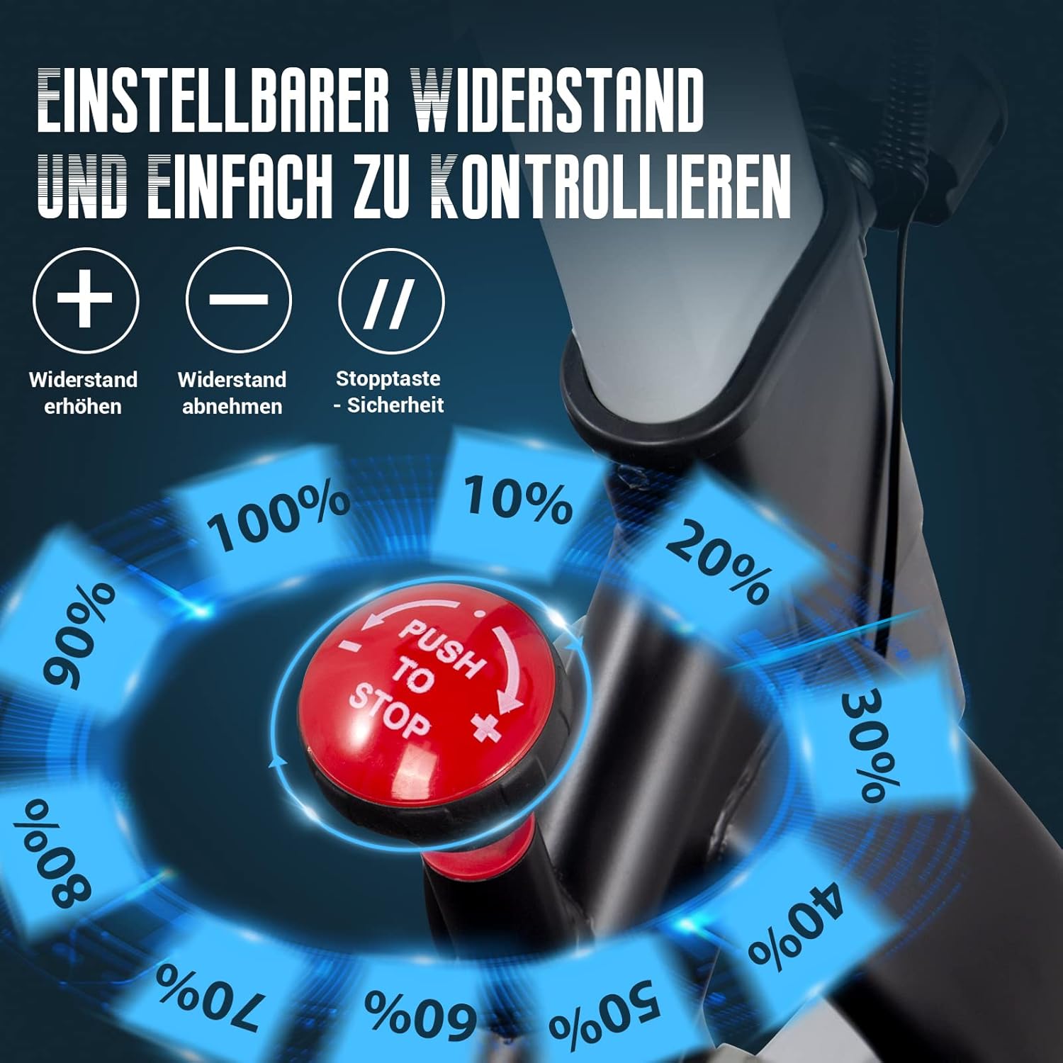 Close-up of the red resistance knob on the exercise bike, with percentages from 10% to 100% indicating resistance levels around it.