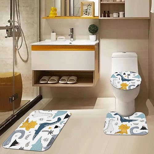 Miniatura 6 de ArtSocket Juego de baño de dinosaurio con cortina de ducha y accesorios de alfombras, bonito juego de cortina de ducha para niños, cortina de ducha