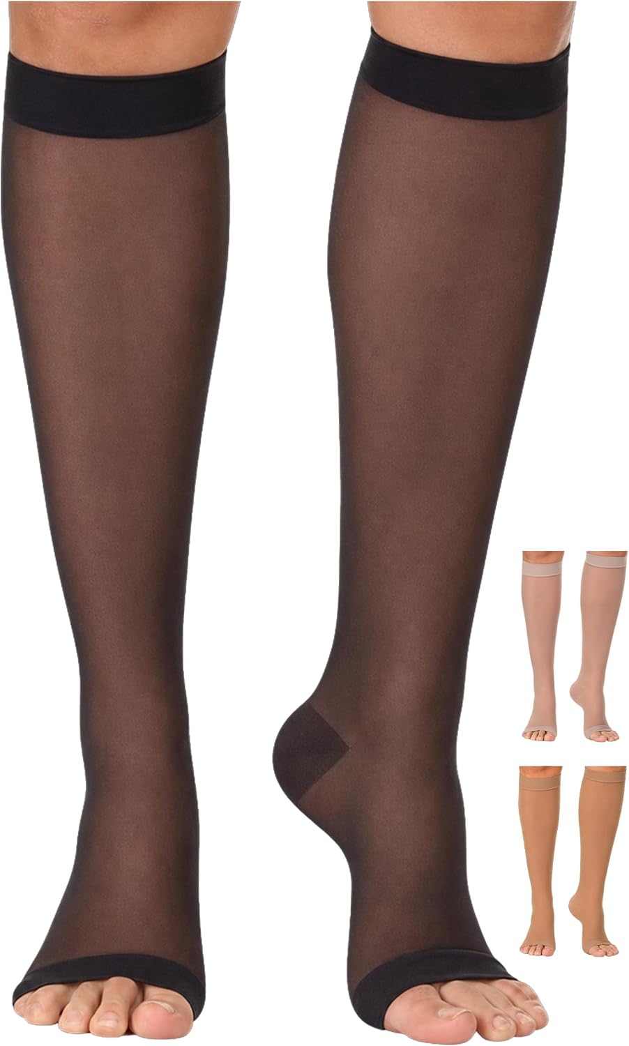Made in USA - Sheer Compression Socks for Women 20-30mmHg Open Toe - Toeless Graduated Support Knee High Stockings - A215