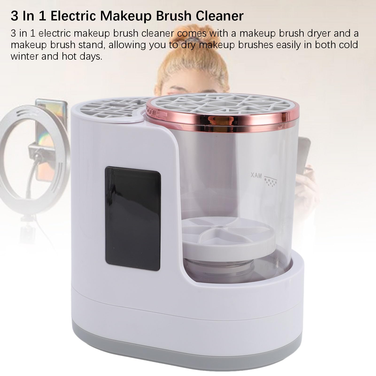 FLEXMAN Elektrische Make Up Pinsel Reinigungsmaschine, 3 in 1 One Key Design Automatisches Plug in Kosmetikpinsel Waschgerät mit Trocknerständer