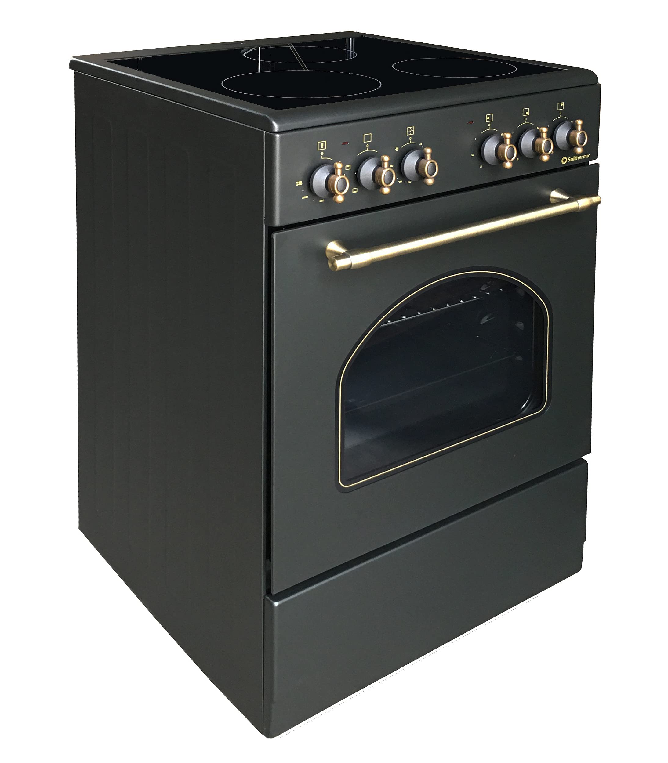 COCINA VITROCERÁMICA VTC50NEGRA CON HORNO ELECTRICO SOLTHERMIC NEGRA RÚSTICA ACABADOS DORADOS/50 CM ancho, 3 FUEGOS/HORNO ELECTRICO