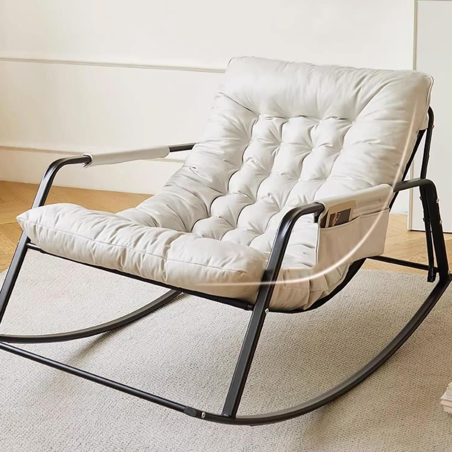 Modern Upholstered Rocking Chair - Comfortable Outdoor Lounge Chair with Armrests & Side Pockets, Adjustable Backrest for Patio & Balcony Relaxation