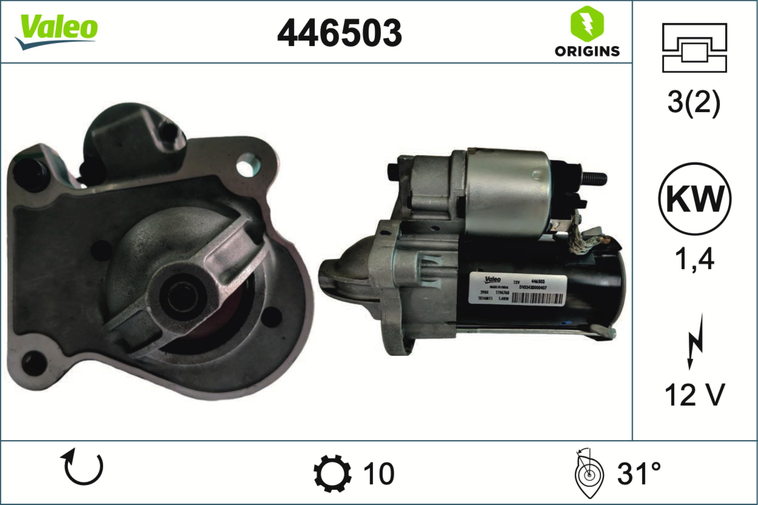 Valeo Motorino d'Avviamento 446503 - 1,4 kW - 10 Denti - 12 V