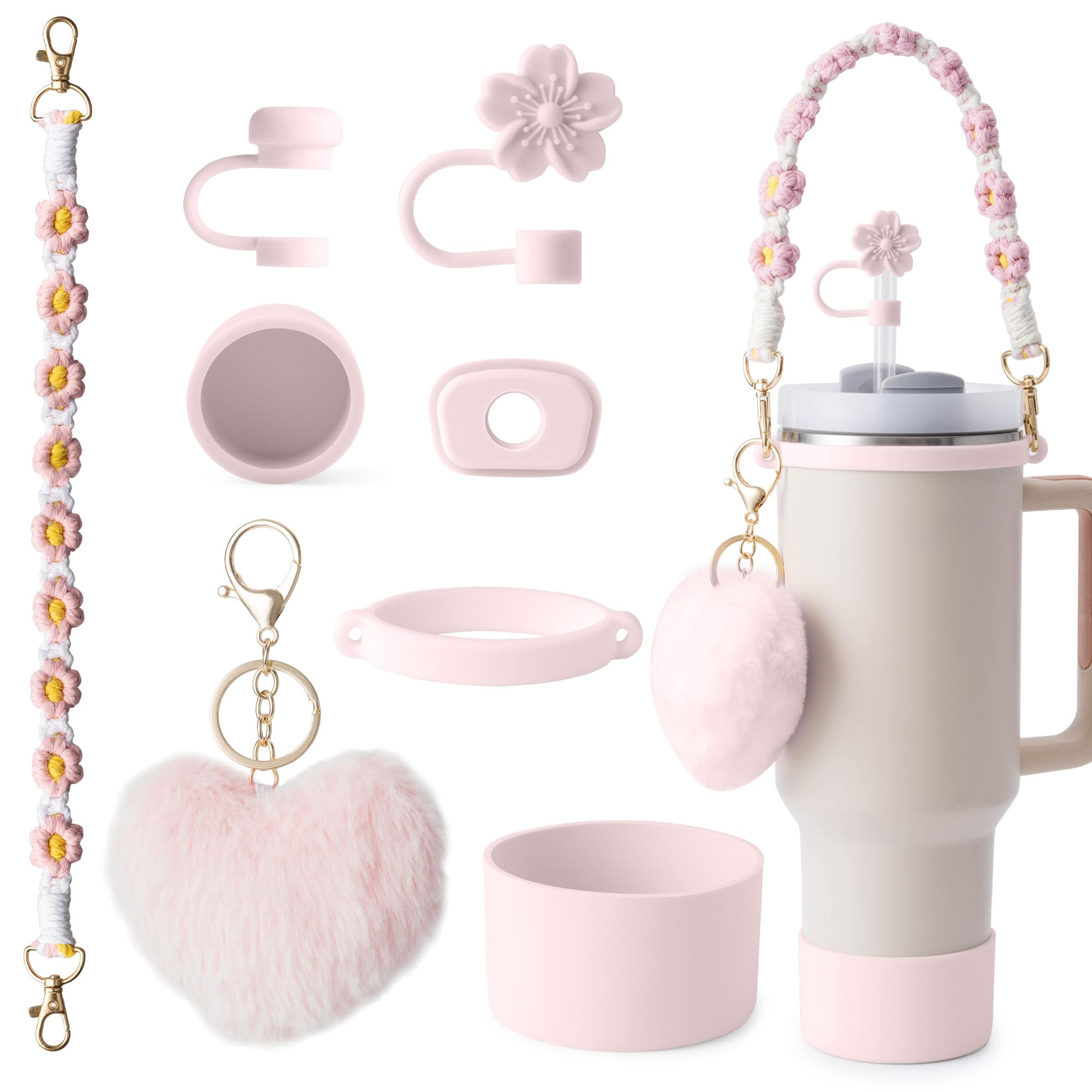 Stanley Cup Zubehör, enthält 1 Tragegriff, 1 Strohhalm abdeckung, 3er-Set auslaufsicherer Deckelstöpsel & Strohhalmkappen, 1 flauschiger Anhänger, 1 Silikon-Bodenmanschette für den Stanley Cup