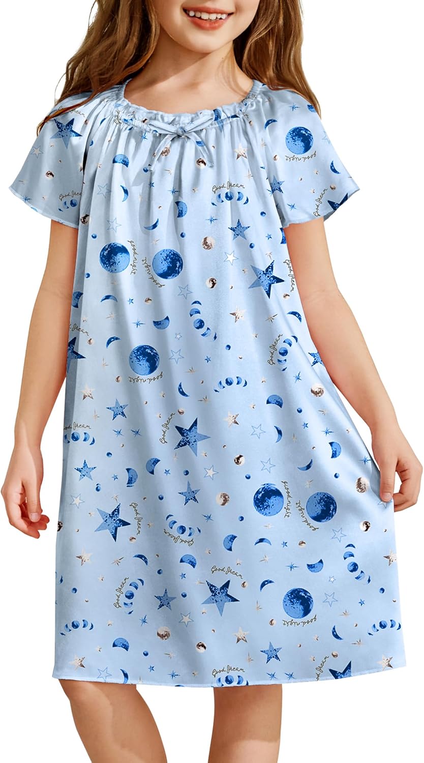 Arshiner Girls Nightgowns Silk Satin Pajama Dress Short Sleeve Soft Princess Sleepwear