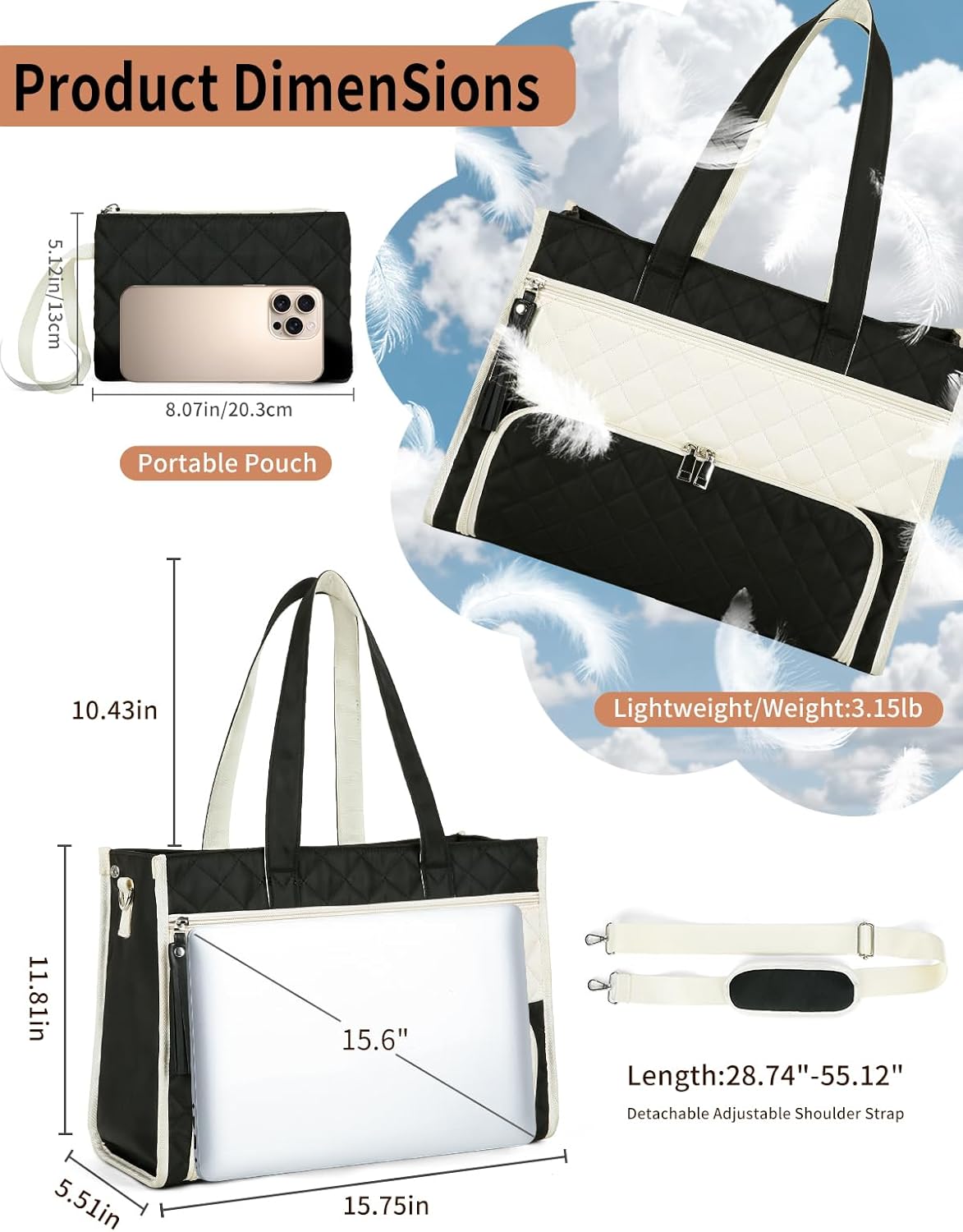 Rexmore Puffer Lunch Tote Bag for Women with Insulated Compartment & 15.6" Laptop Sleeve, 2 in 1 Quilted Computer Purse with Cup Holder for Work, College, Travel(Black-Beige) - Image 2