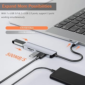 5-in-1 USB Hub with SD Card Reader, USB 3.0 Adapter for Laptop PC MacBook