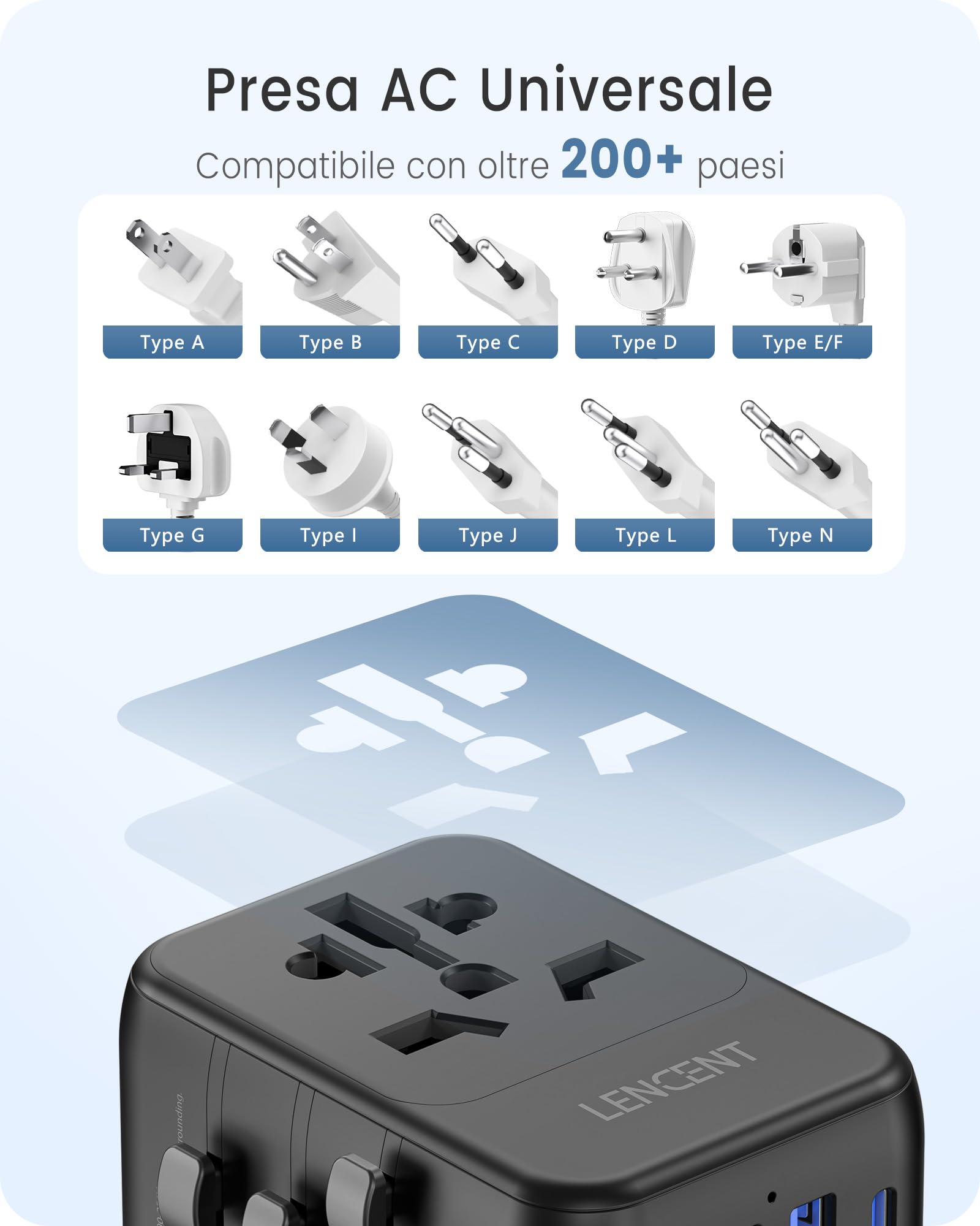 LENCENT Adattatore Universale da Viaggio, Adattatore Spina USA EU UK AUS, Caricatore Internazionale con 3 USB e 1 USB-C per Cellulari Laptop, Tutto in Uno Adattatore Spina per Oltre 200 Paesi -Nero