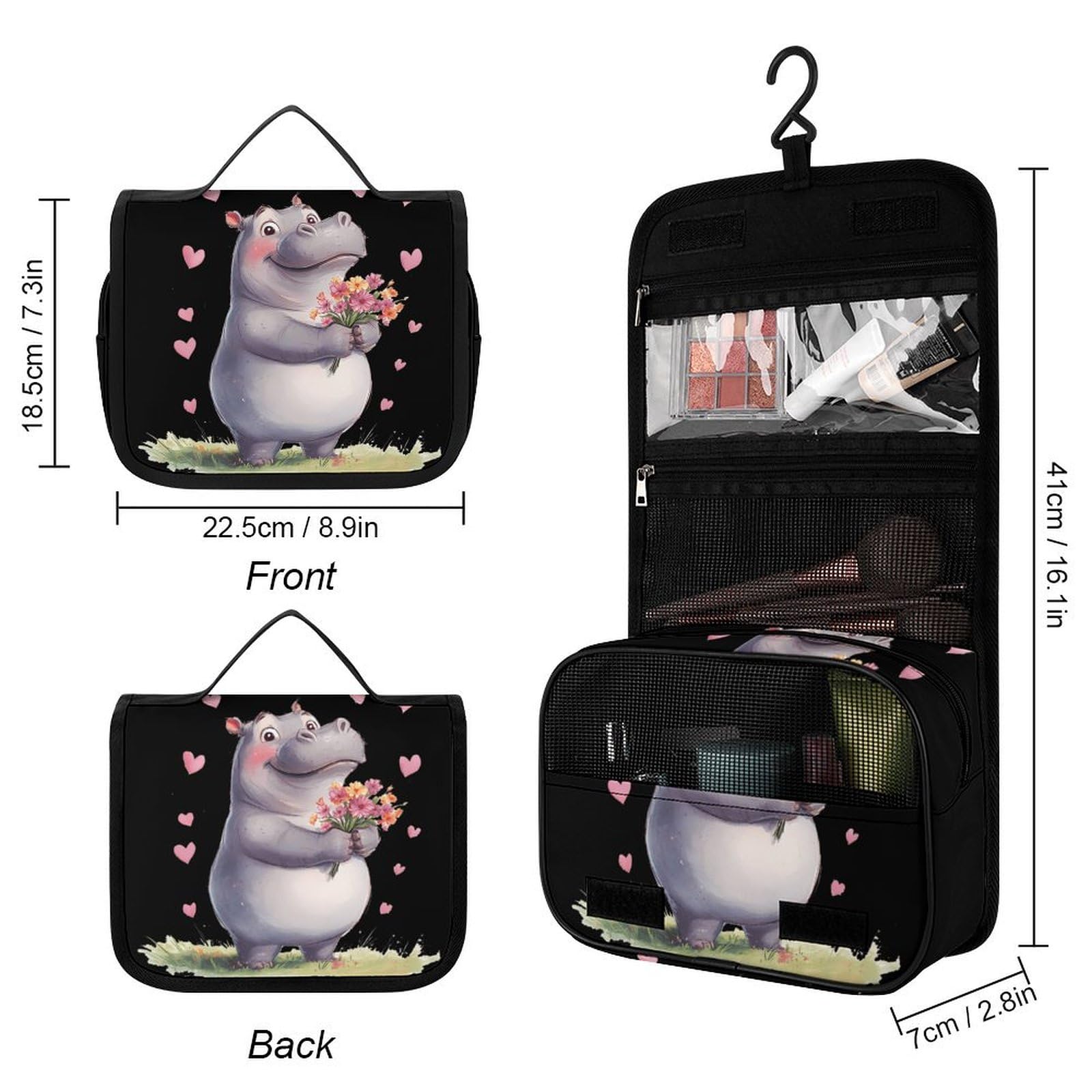 Hippopotamus Flowers Love Heart Makeup Bag Portable Hanging Organizer for Travel Wash Bags With Handle And Divider
