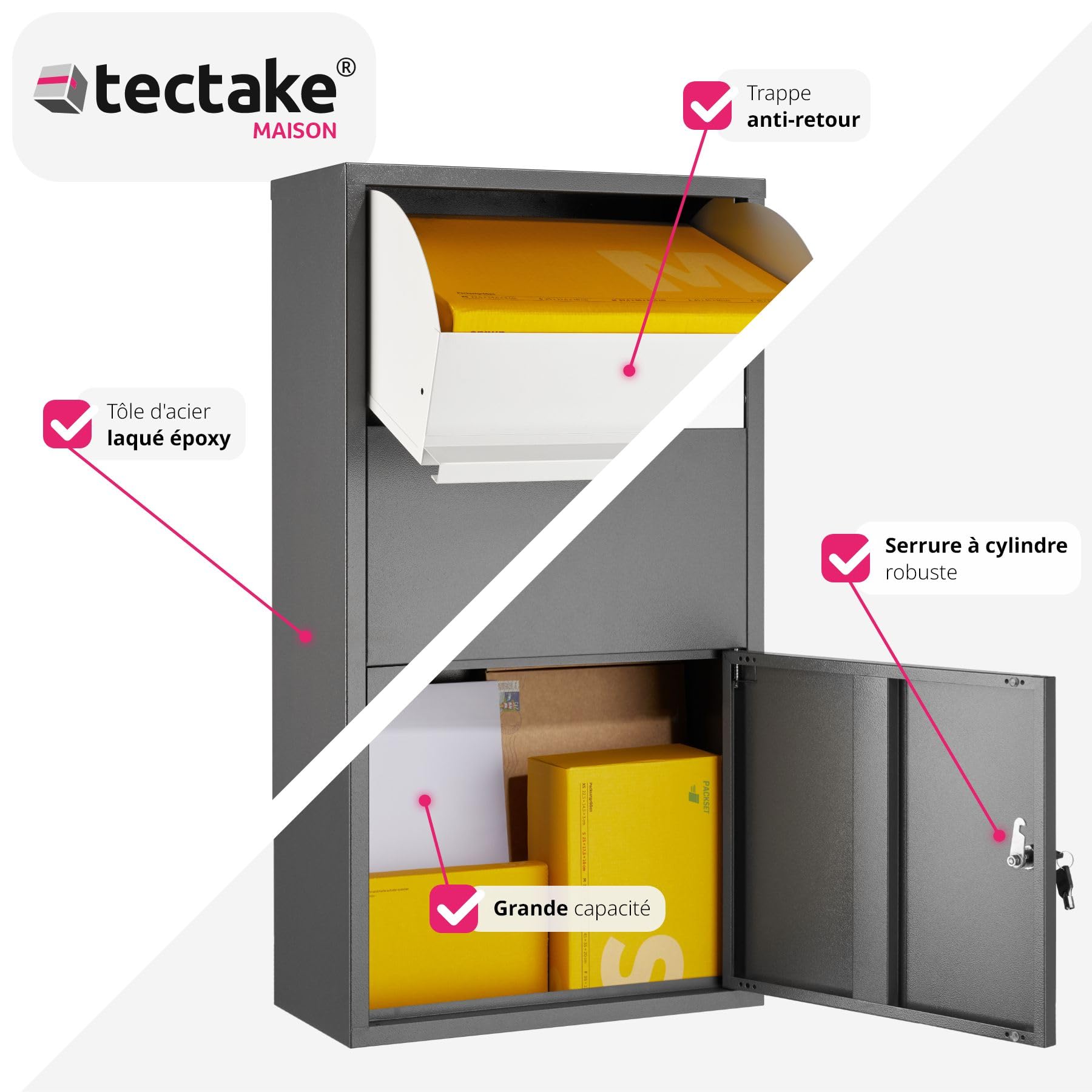 tectake® Boîte aux Lettres avec Compartiment pour Colis, Boite aux Lettres normalisée résistante avec avec clapet de sécurité, Livraison 24h Possible, Fixation aux Mur - 44 x 22 x 82 cm