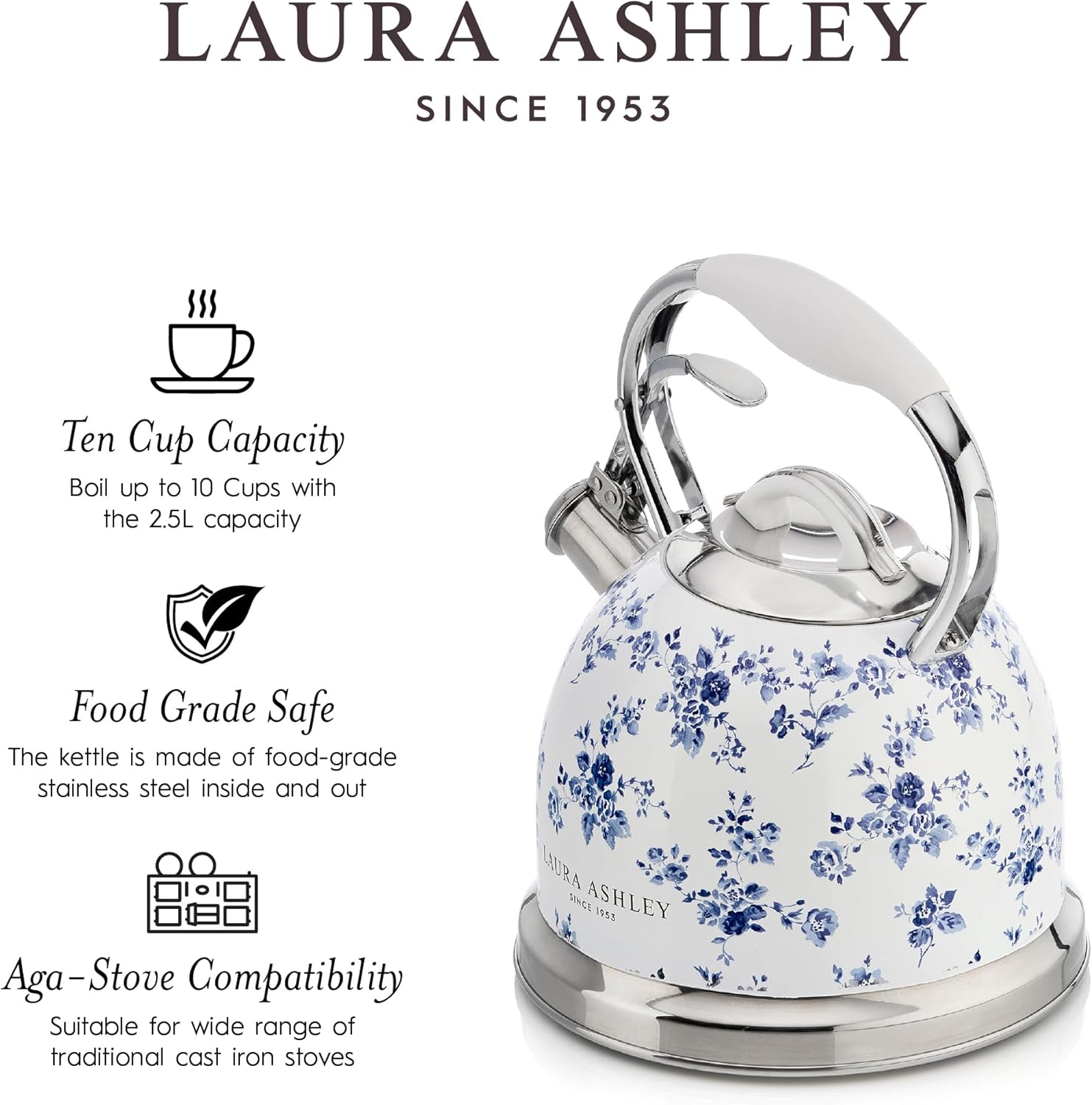 Laura Ashley China Rose Stovetop Kettle with Whistle - 2.5L Fast Boil Stainless Steel Kettle Stove Top - Silicon Coated Cool Handle Camping Kettle for Gas, Induction Hob - Compatible with Aga Stove