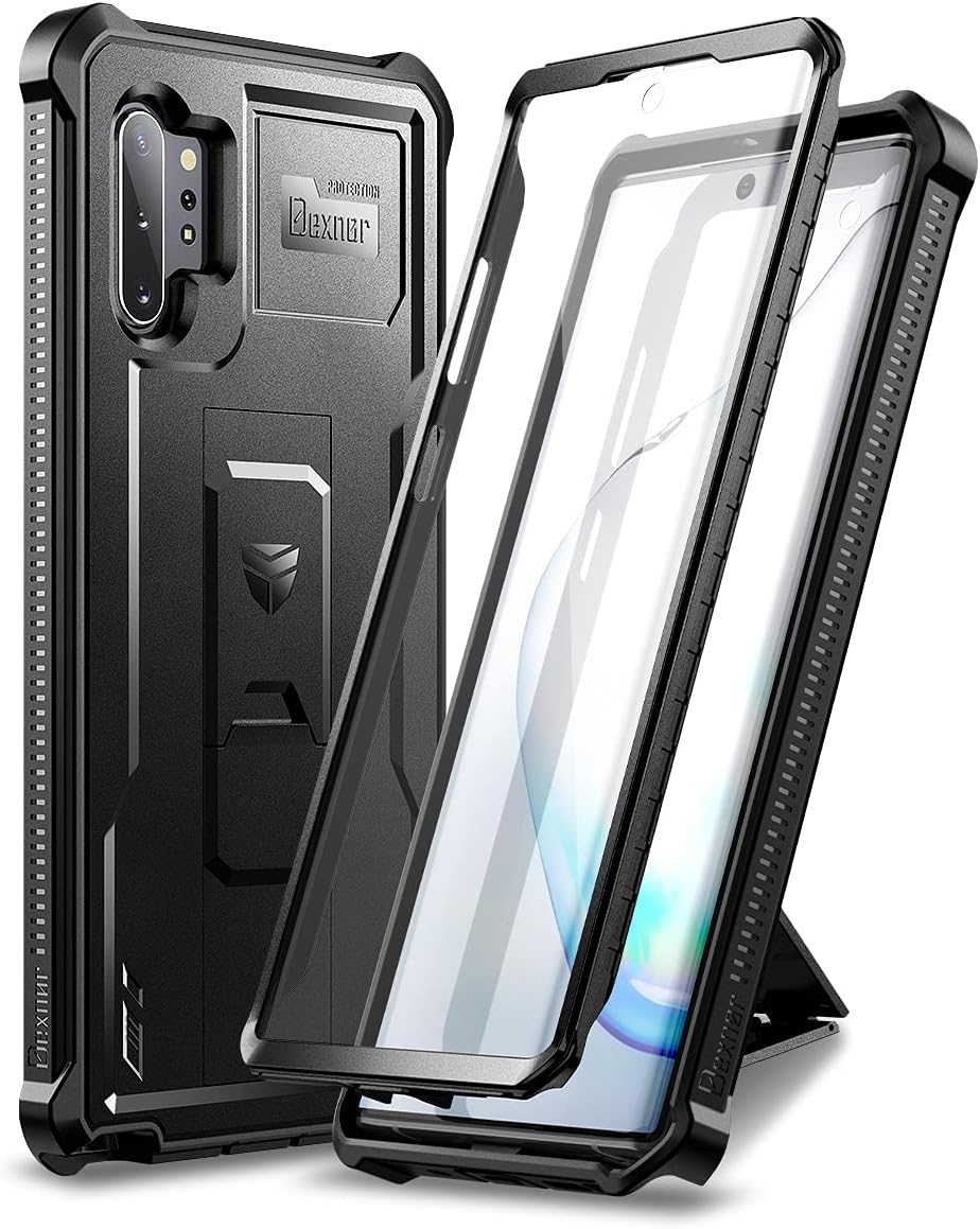 Polycarbonate For Samsung Galaxy Note 10+Plus Case[Built In Screen Protector&Kickstand] Heavy Duty Military Grade Protection Shockproof Protective Cover For Samsung Galaxy Note 10 Plus Black