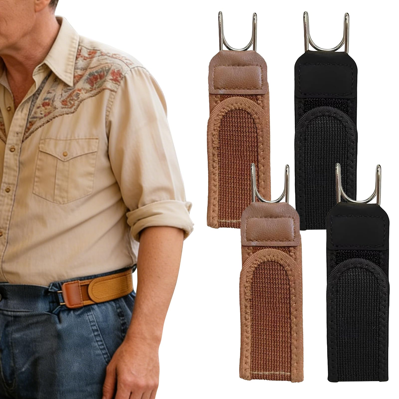 AMOturuxient 4 Pcs No Buckle Belts for Men Women, Adjustable Stretch Velcro Waist Belt, Unisex Side Fastening for Jeans, Trousers, Work, Casual & Outdoor Use (Black+Brown)