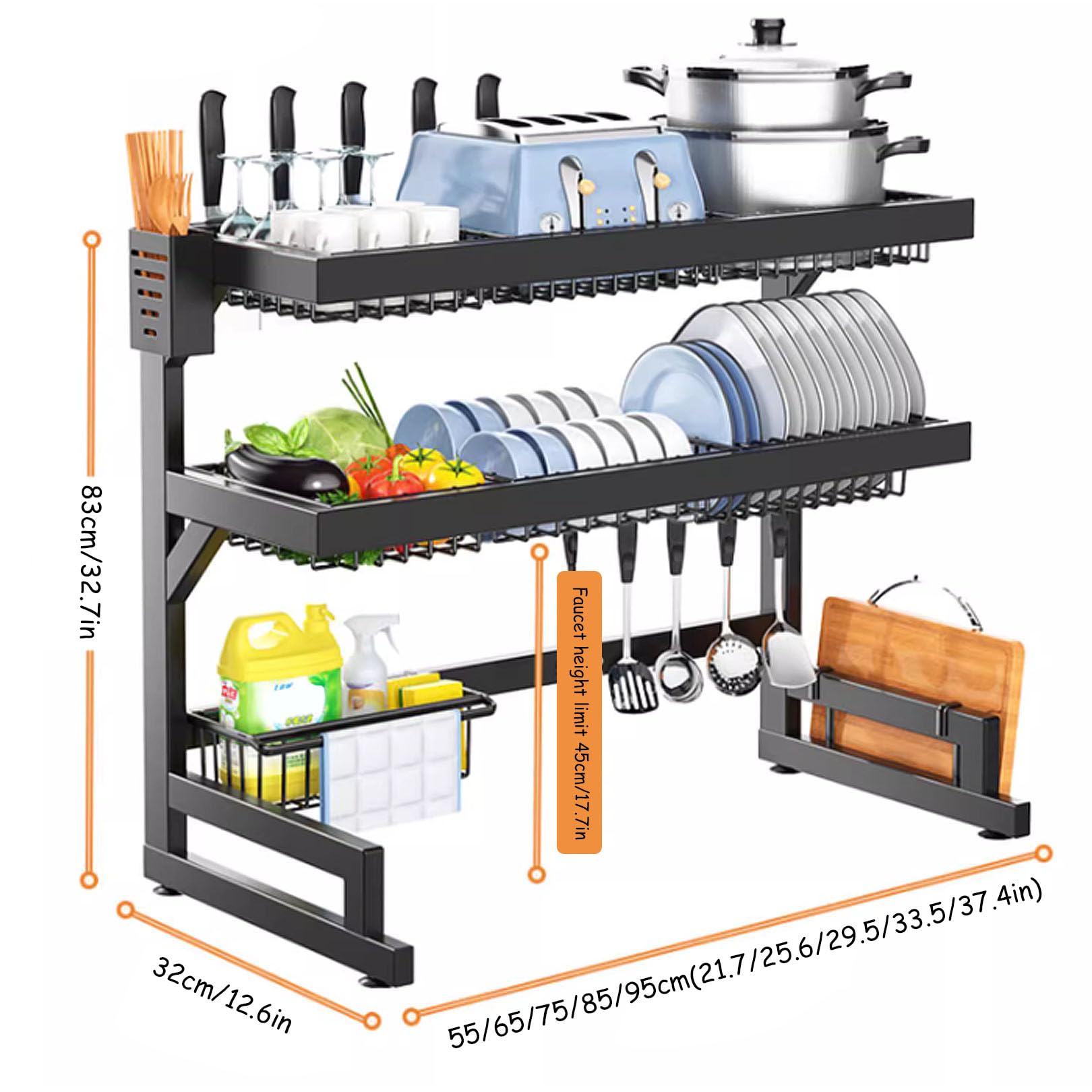 Égouttoir à vaisselle au-dessus de l'évier – Étagère de cuisine à 3 niveaux avec porte-ustensiles, égouttoir peu encombrant pour assiettes, bols et casseroles