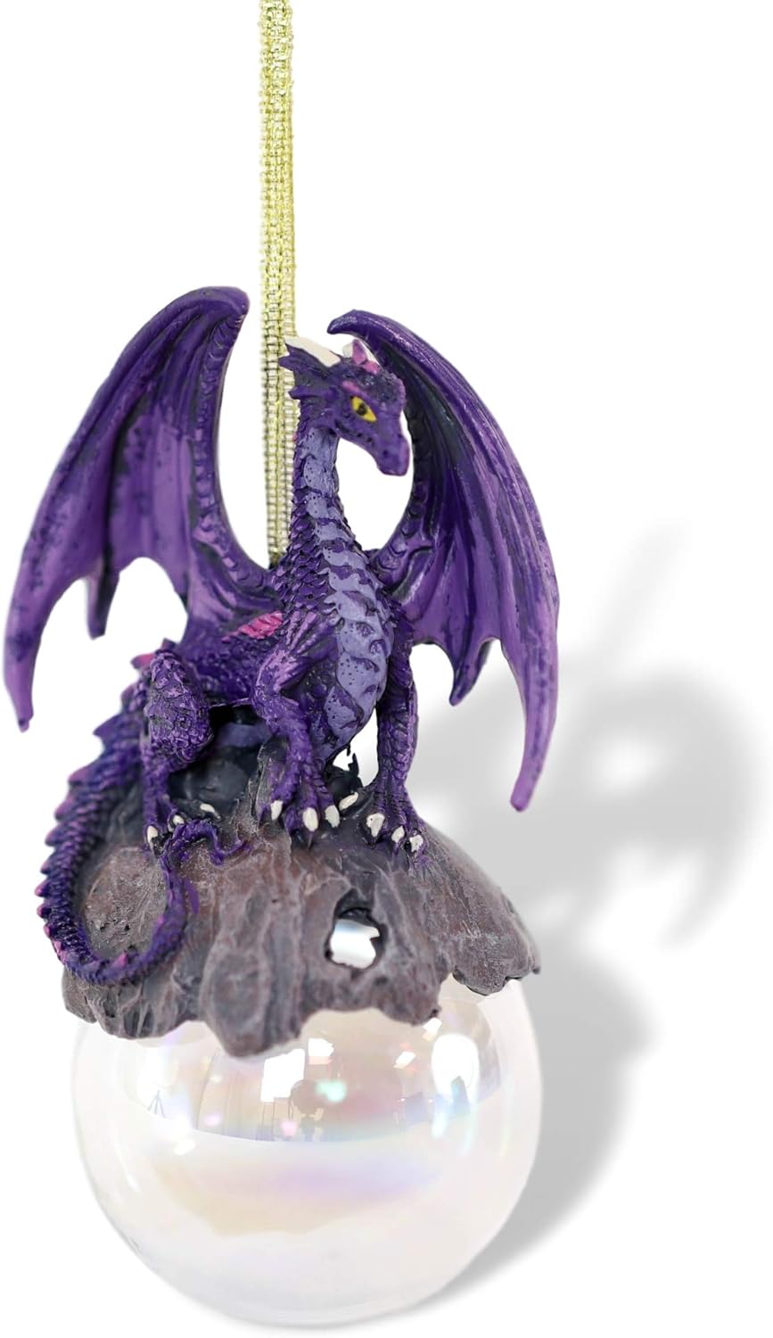Ebros Gift Ruth Thompson Art Hoarfrost Purple Dragon Perching On Pearl Glass Ball 5" High Ornament Figurine As Halloween or Christmas Tree or Home Decorative Hanging Sculpture Dragons Fantasy Legends